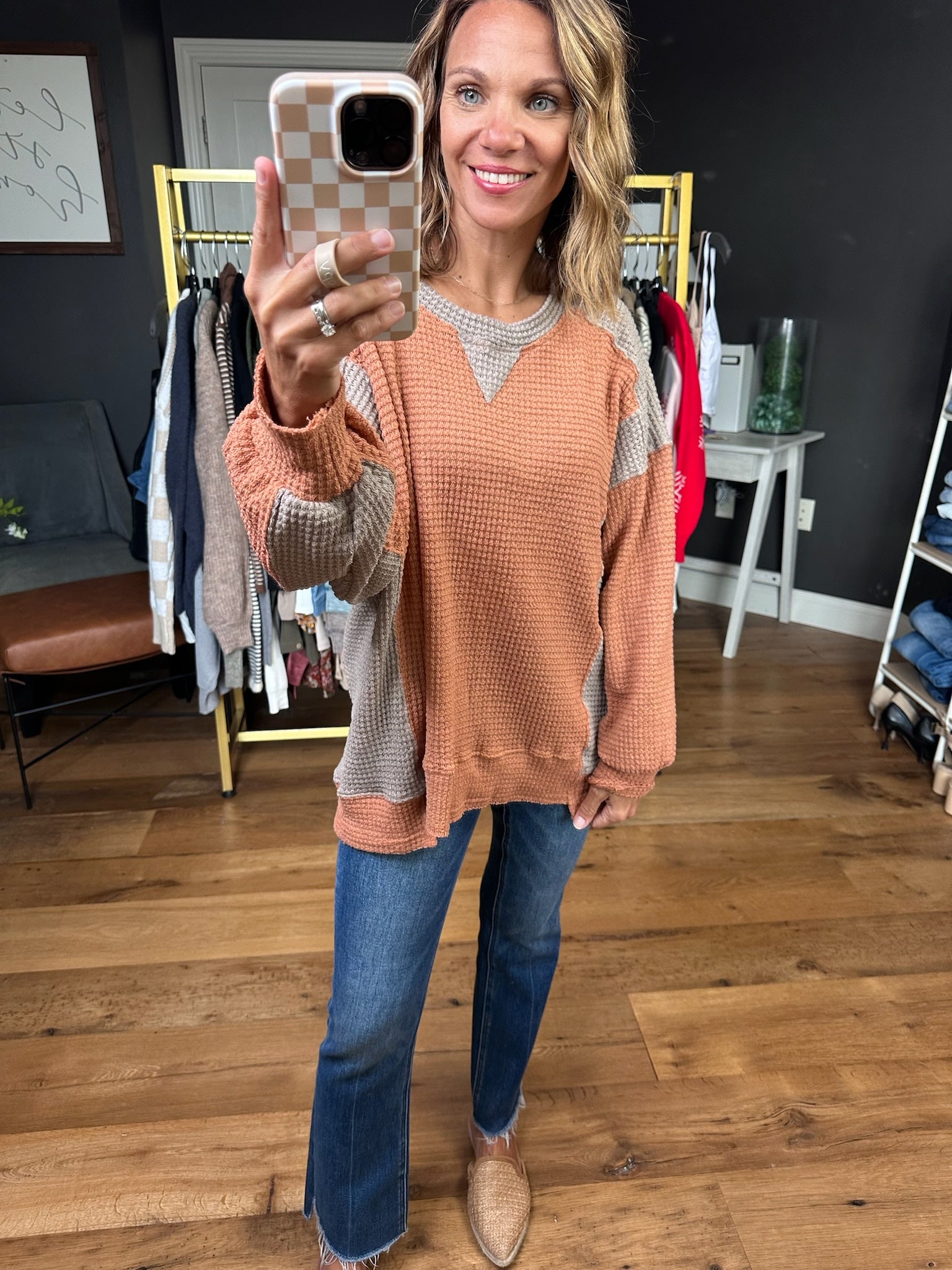 What You're Used To Color Block Long Sleeve Top - Rust/Mocha-Bibi-Anna Kaytes Boutique, Women's Fashion Boutique in Grinnell, Iowa