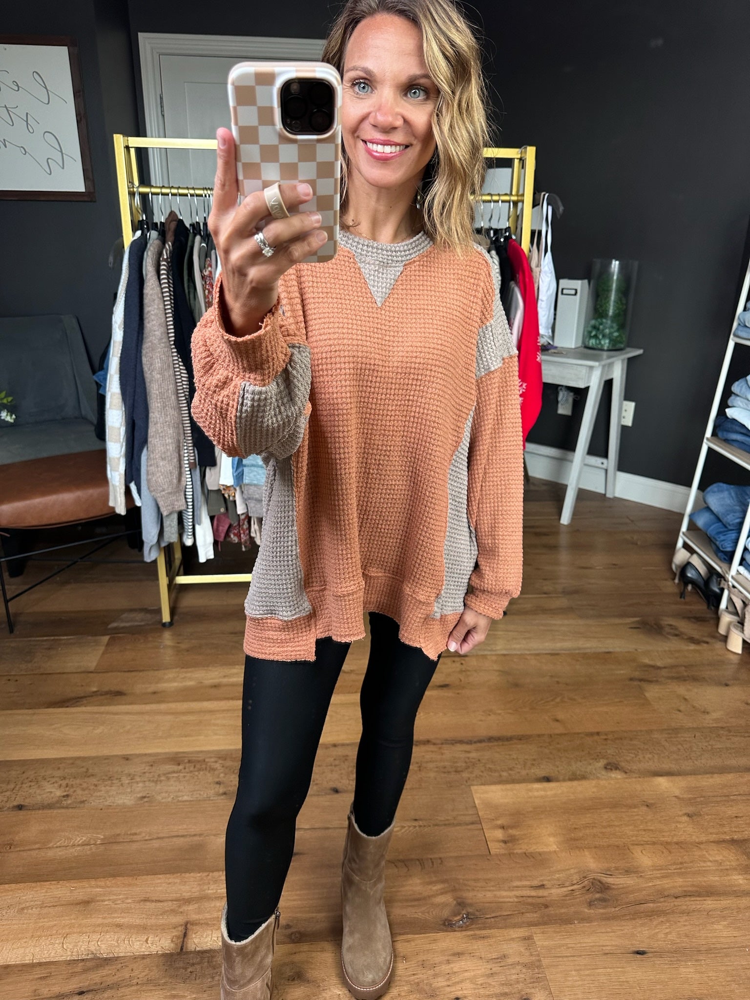 What You're Used To Color Block Long Sleeve Top - Rust/Mocha-Bibi-Anna Kaytes Boutique, Women's Fashion Boutique in Grinnell, Iowa