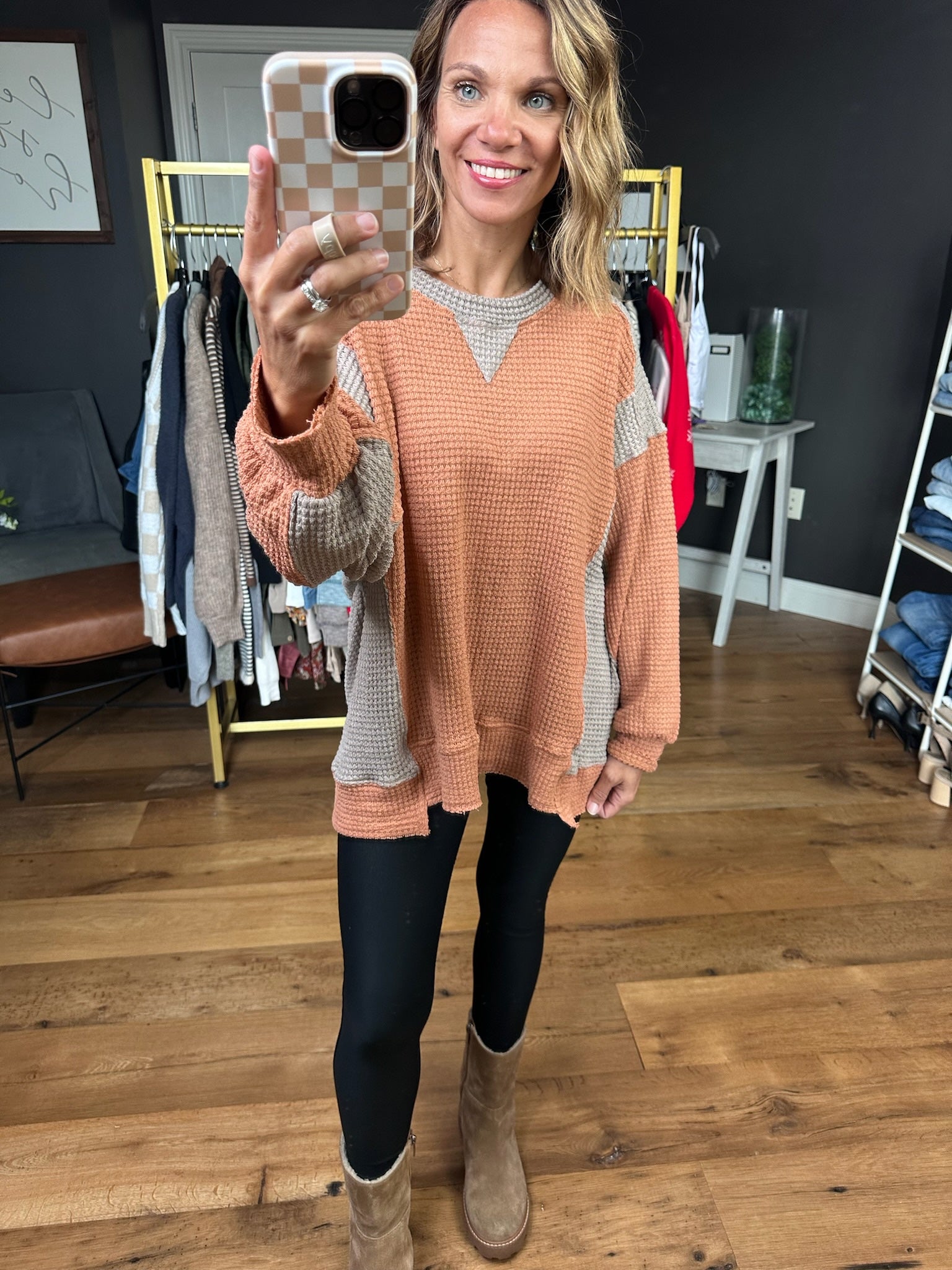 What You're Used To Color Block Long Sleeve Top - Rust/Mocha-Bibi-Anna Kaytes Boutique, Women's Fashion Boutique in Grinnell, Iowa