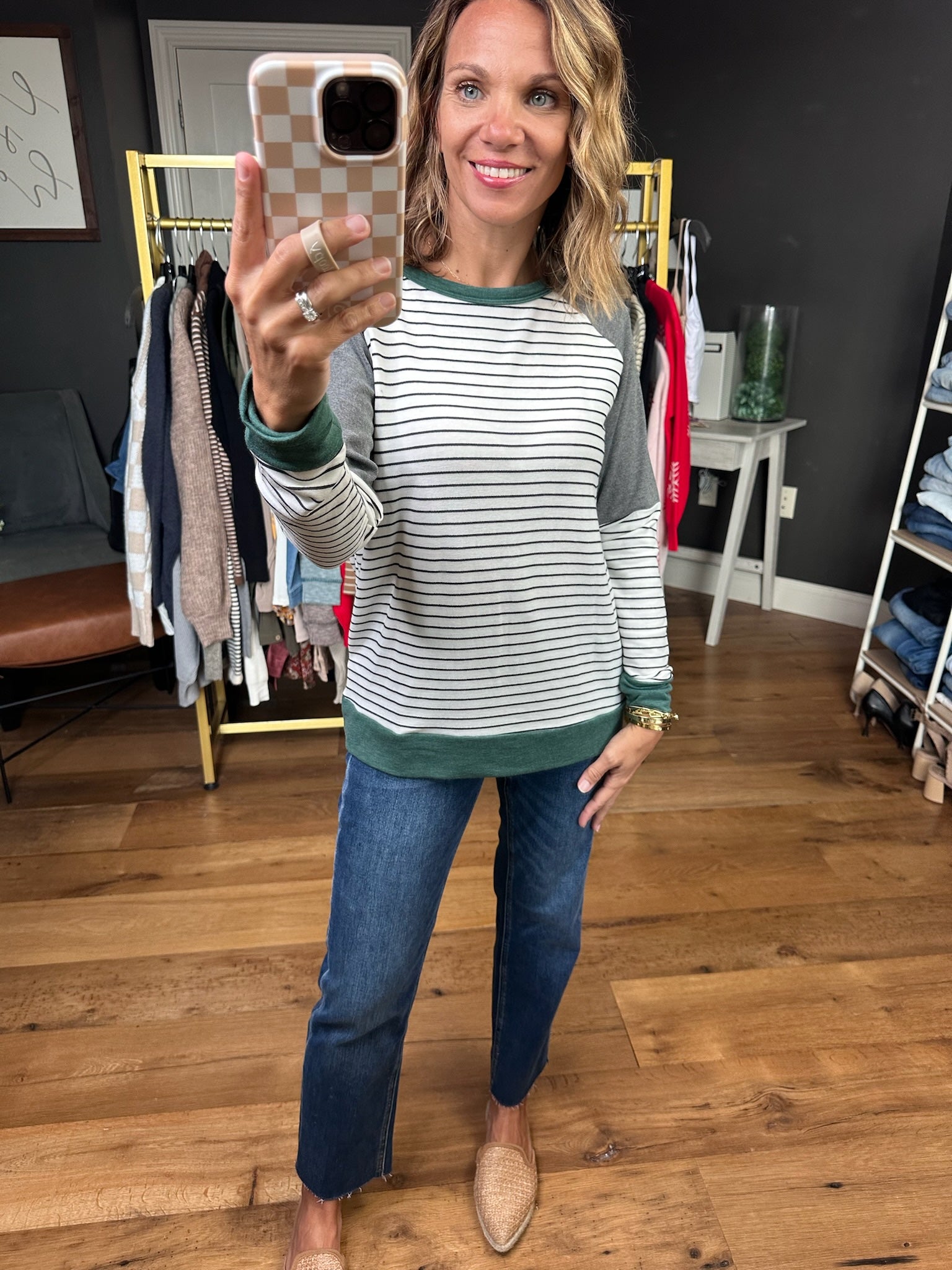 Unexpected Moment Striped Crewneck Sweatshirt - Green/Dark Heather-Staccato-Anna Kaytes Boutique, Women's Fashion Boutique in Grinnell, Iowa