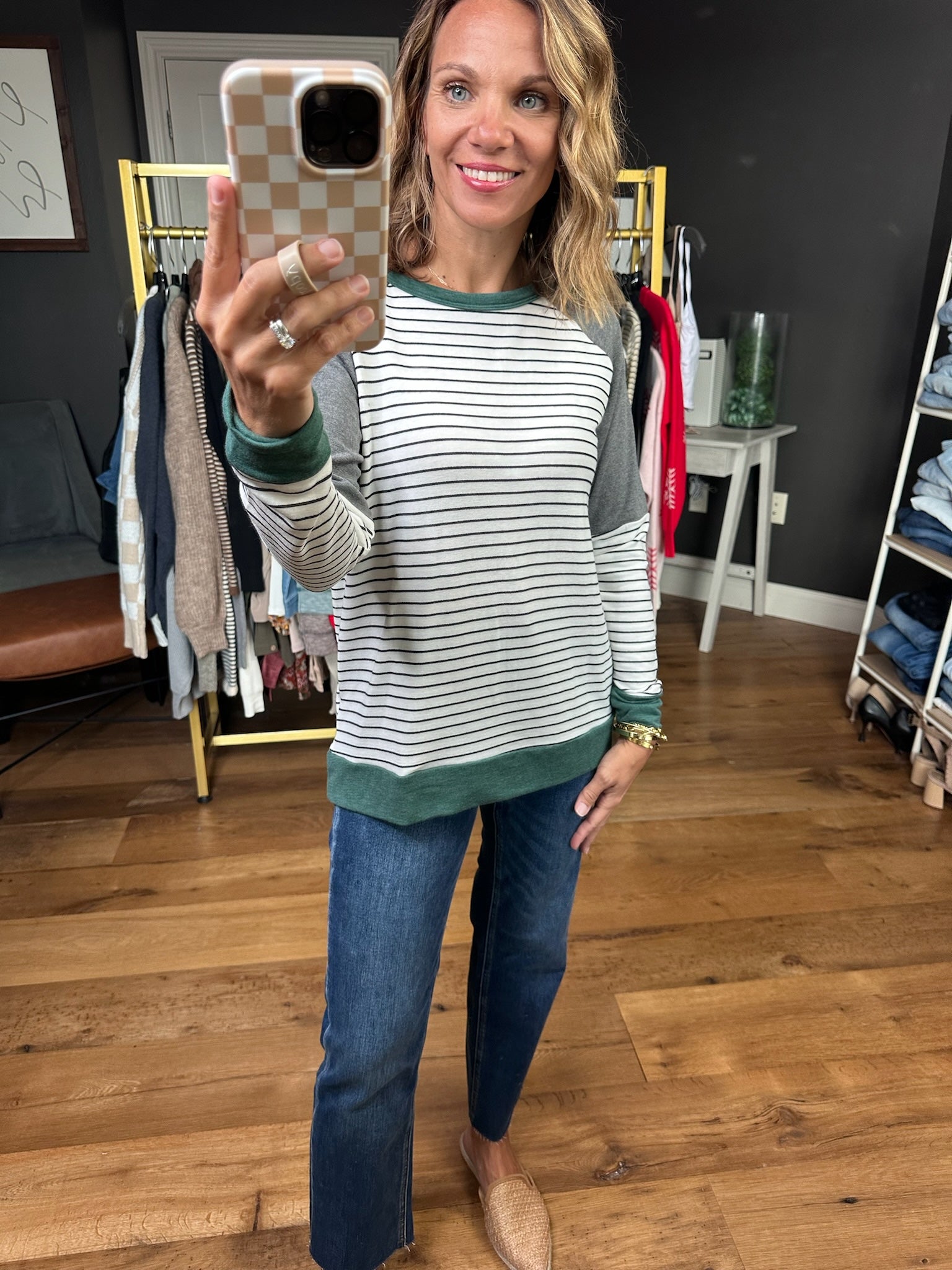 Unexpected Moment Striped Crewneck Sweatshirt - Green/Dark Heather-Staccato-Anna Kaytes Boutique, Women's Fashion Boutique in Grinnell, Iowa