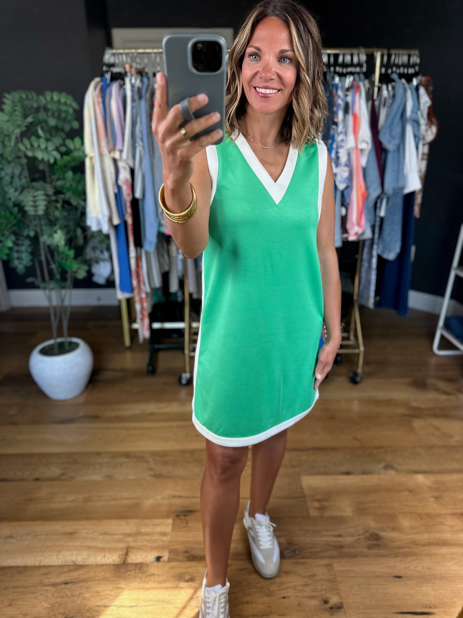 Good Energy Scuba V-Neck Dress-Dresses-Entro-Anna Kaytes Boutique, Women's Fashion Boutique in Grinnell, Iowa