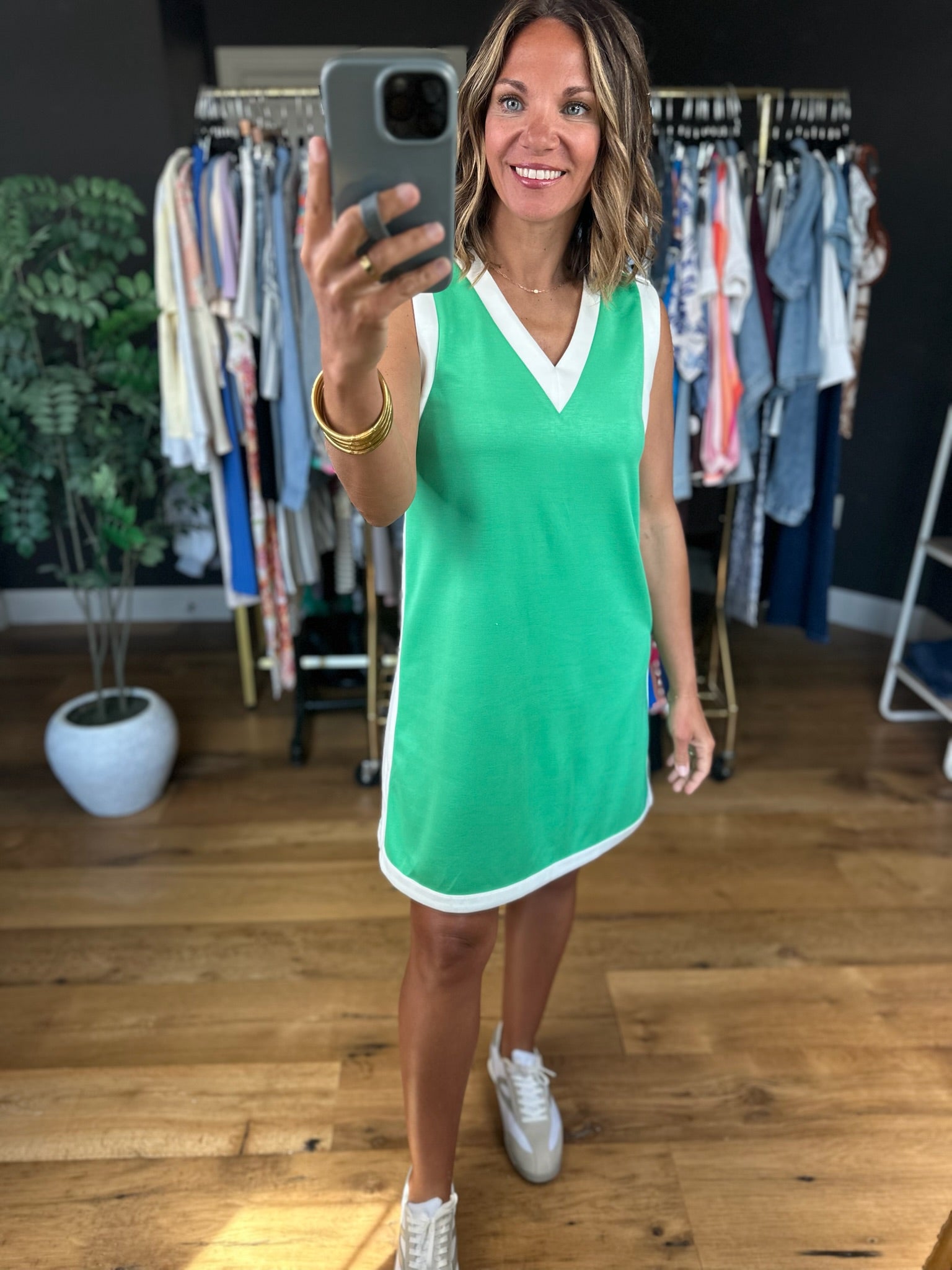 Good Energy Scuba V-Neck Dress-Dresses-Entro-Anna Kaytes Boutique, Women's Fashion Boutique in Grinnell, Iowa