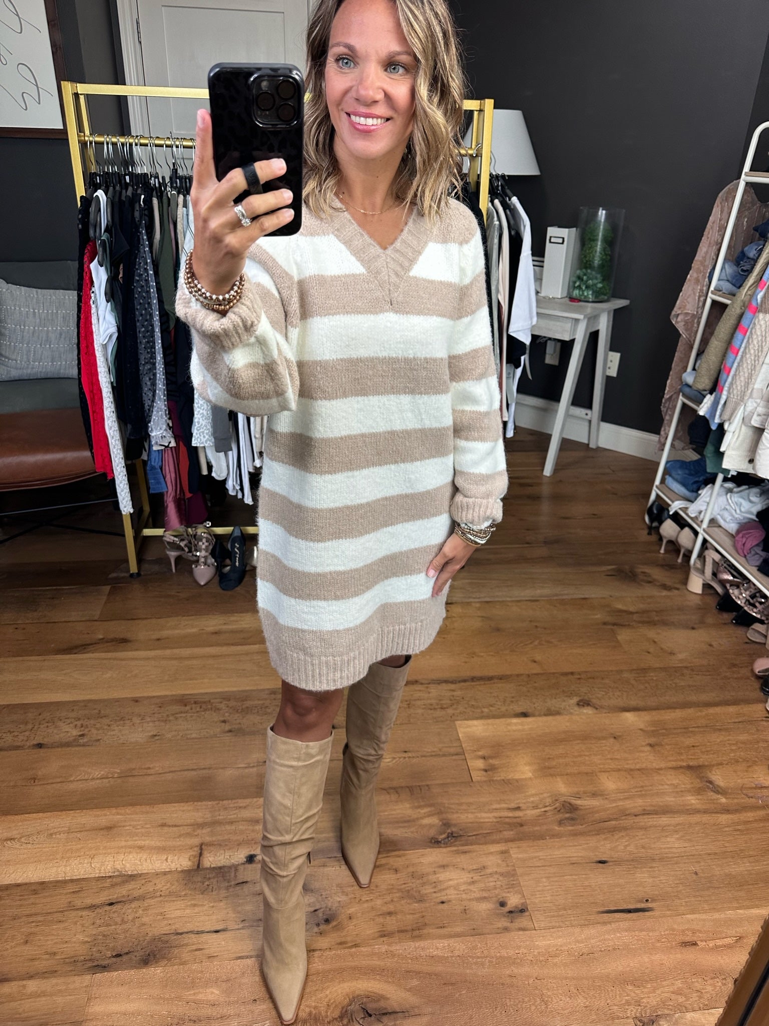 Extra Time Striped V-Neck Sweater Dress - Coco/Ivory