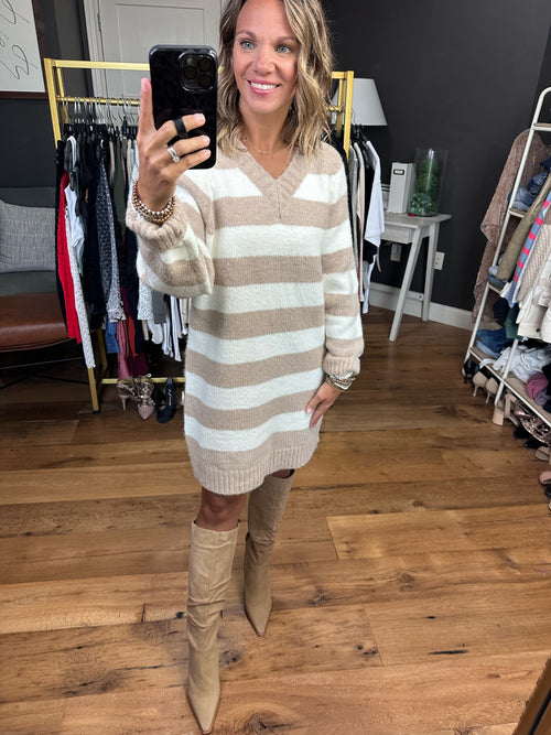 Extra Time Striped V-Neck Sweater Dress - Coco/Ivory