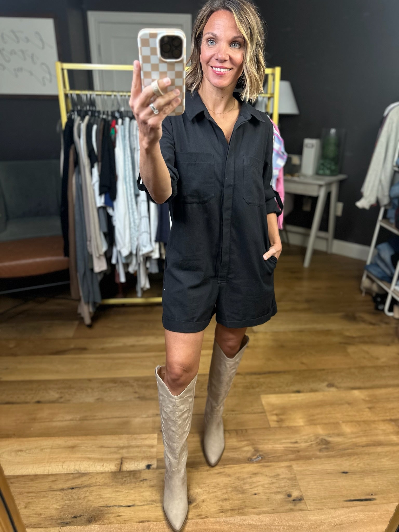 Broadway Stroll Button-Down Romper - Ash Black-Eesome-Anna Kaytes Boutique, Women's Fashion Boutique in Grinnell, Iowa