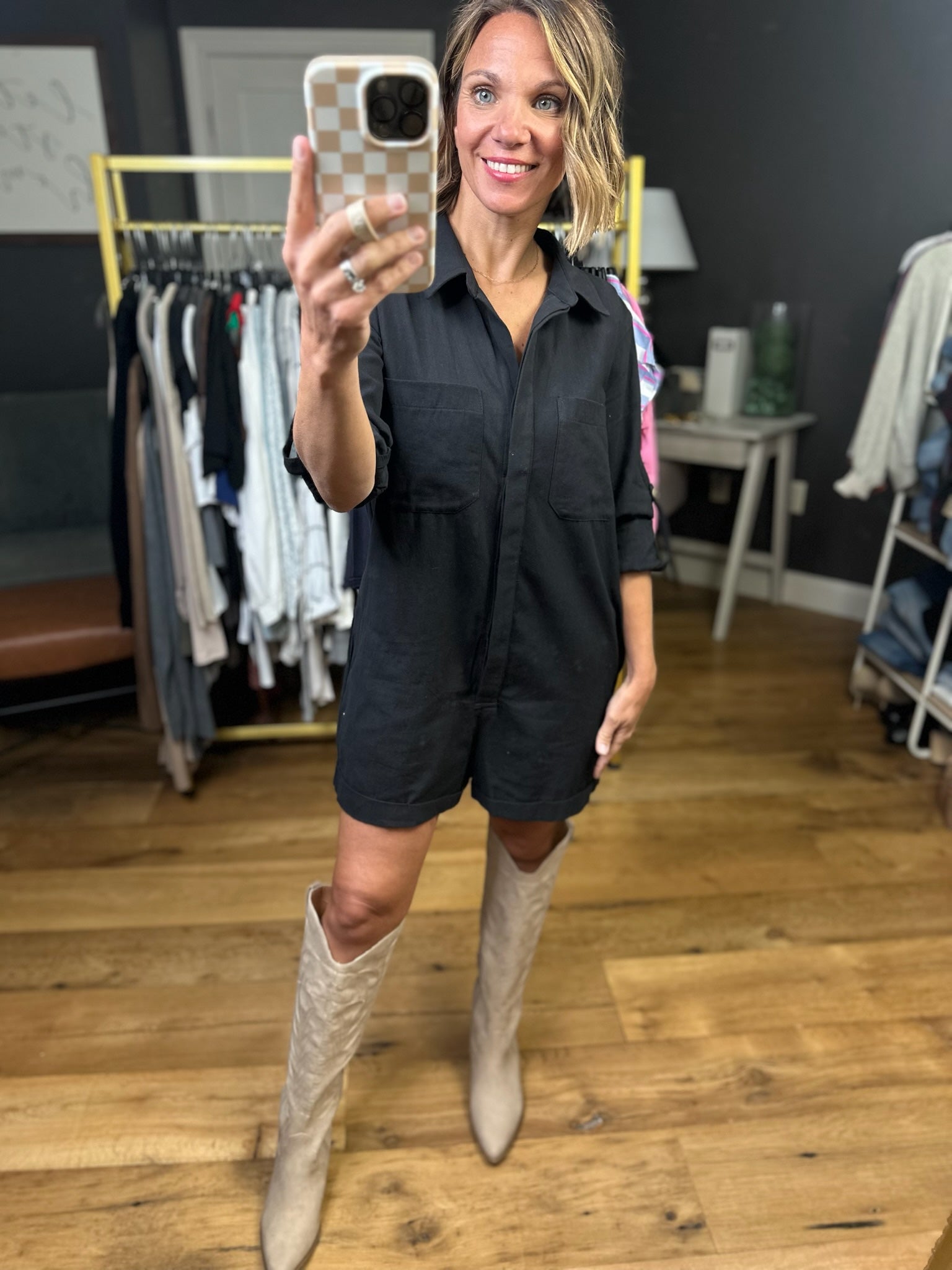 Broadway Stroll Button-Down Romper - Ash Black-Eesome-Anna Kaytes Boutique, Women's Fashion Boutique in Grinnell, Iowa