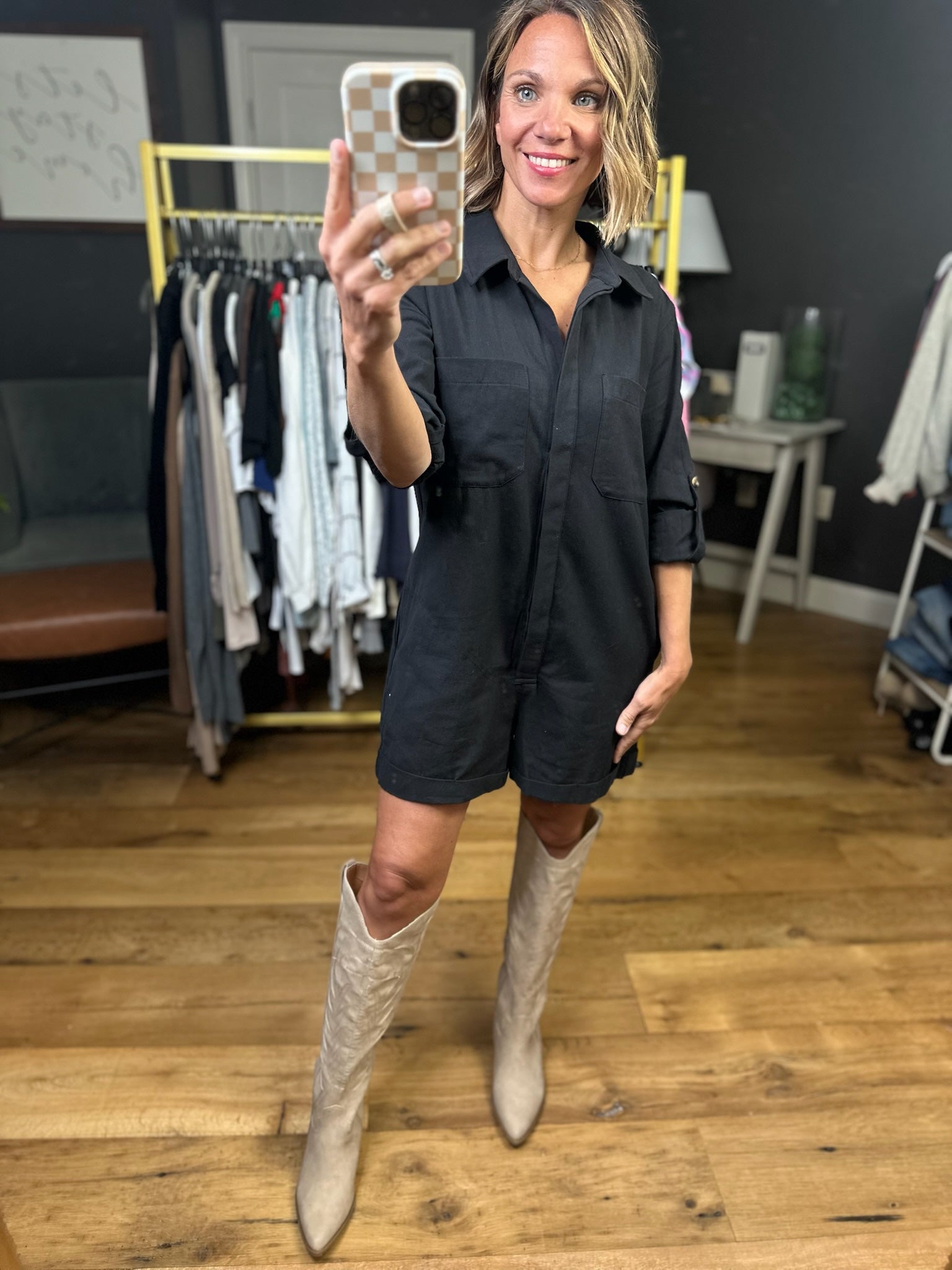 Broadway Stroll Button-Down Romper - Ash Black-Eesome-Anna Kaytes Boutique, Women's Fashion Boutique in Grinnell, Iowa