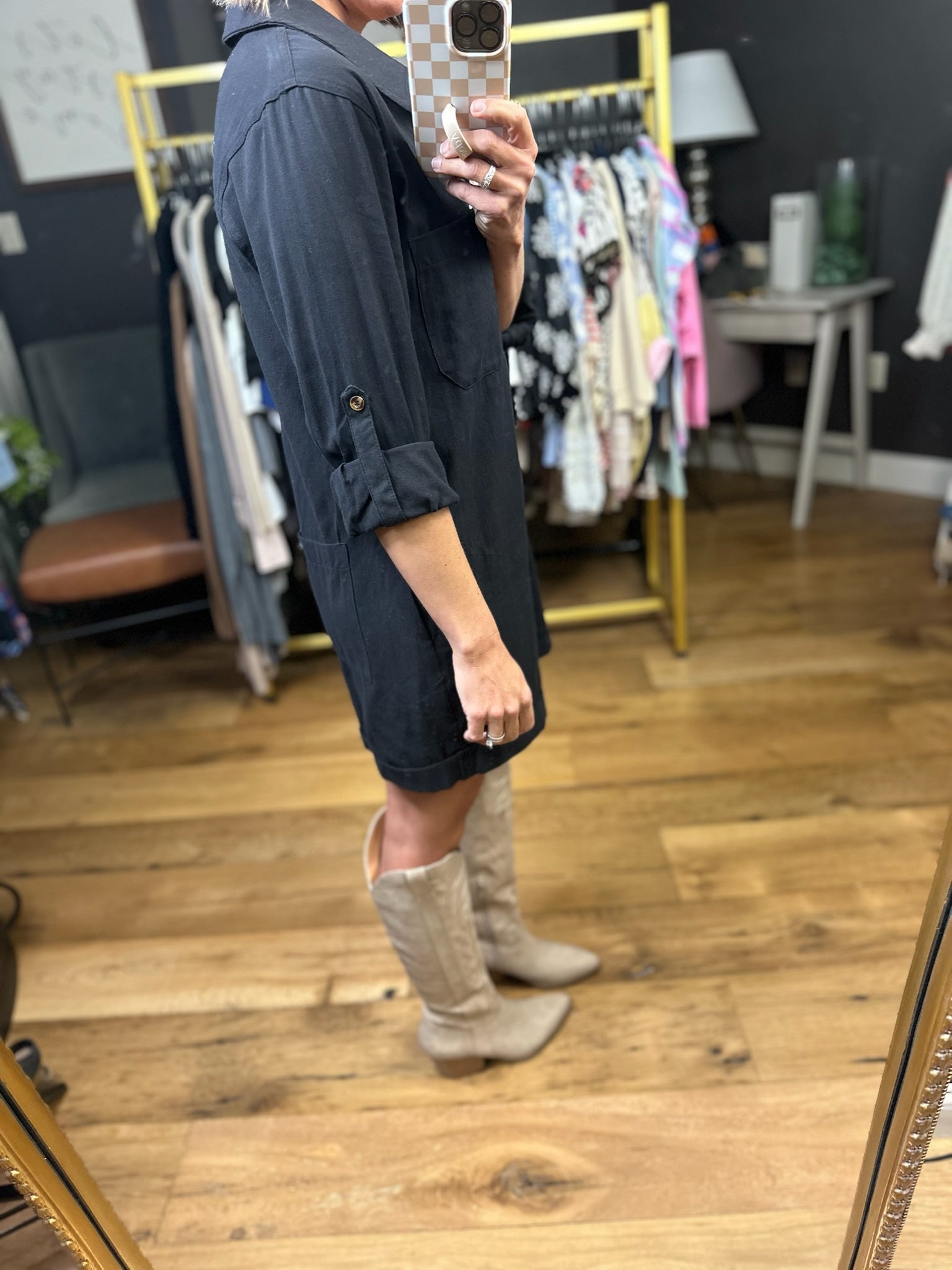 Broadway Stroll Button-Down Romper - Ash Black-Eesome-Anna Kaytes Boutique, Women's Fashion Boutique in Grinnell, Iowa