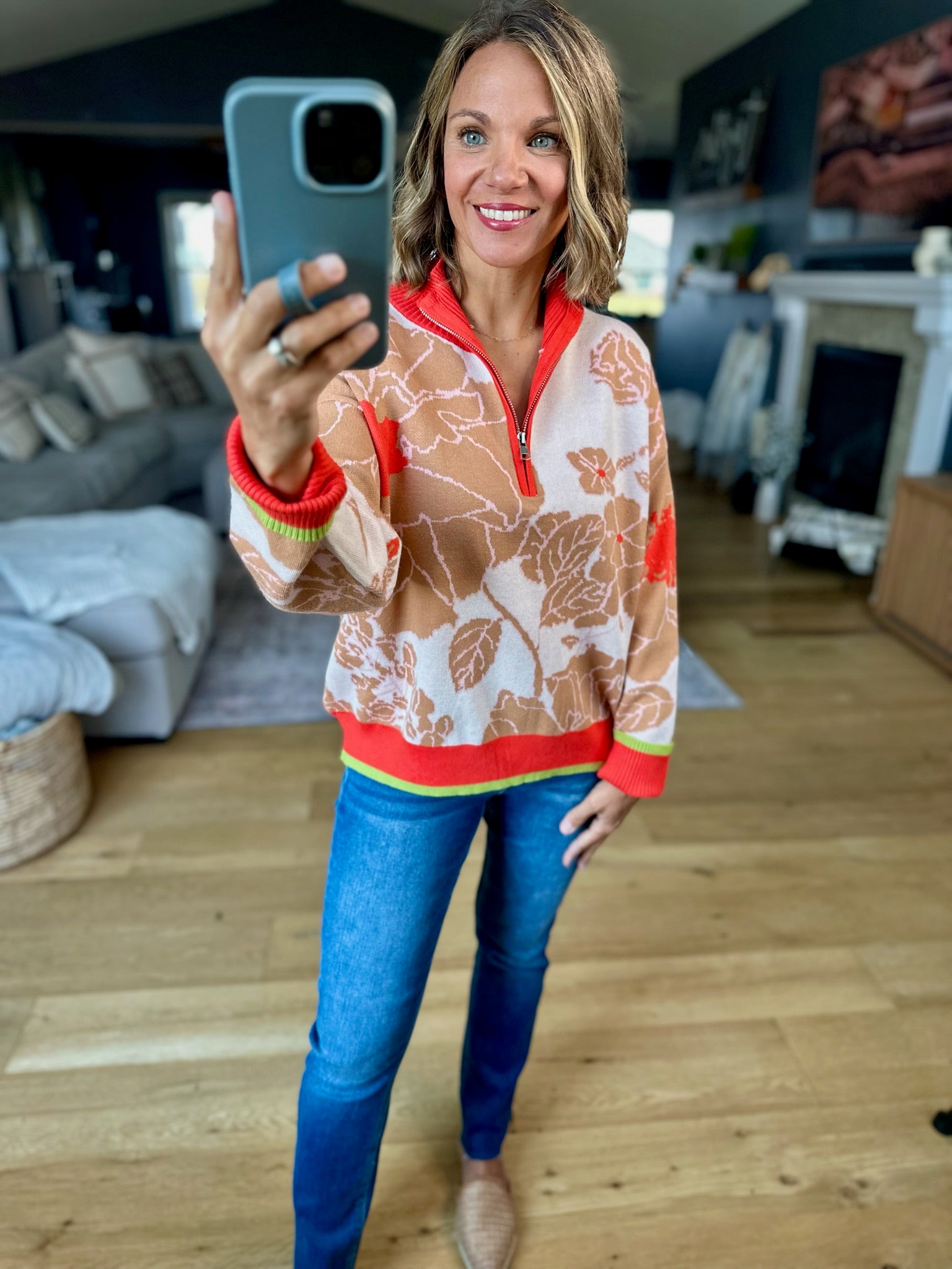 **Nature's Fall Floral Zip Knit-sweater-&Merci-Anna Kaytes Boutique, Women's Fashion Boutique in Grinnell, Iowa