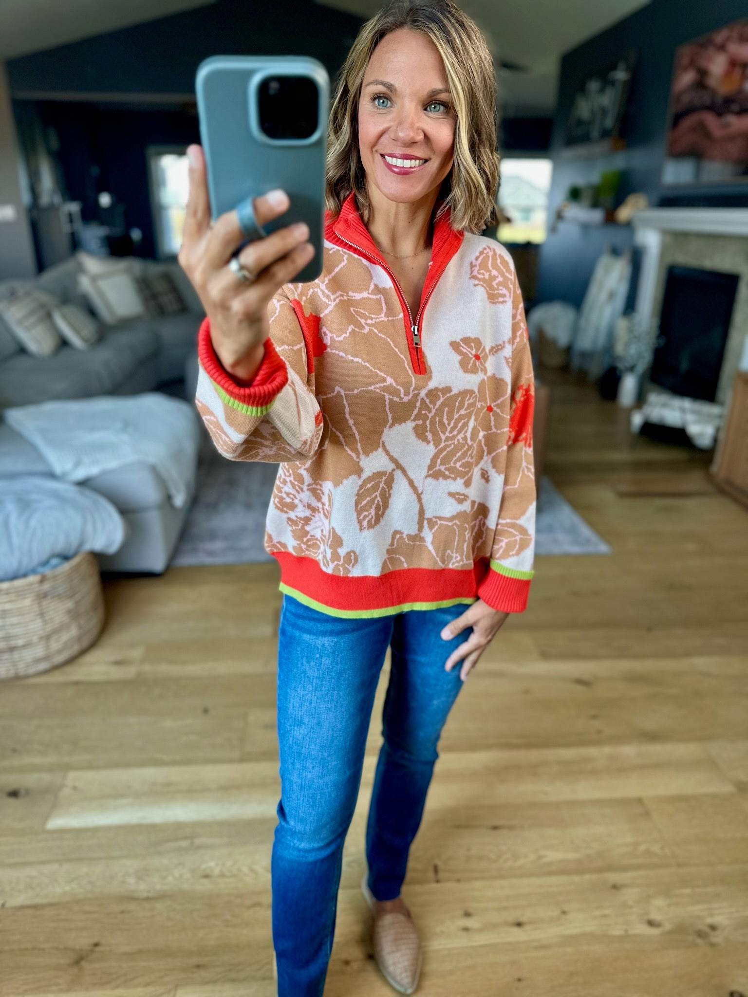 **Nature's Fall Floral Zip Knit-sweater-&Merci-Anna Kaytes Boutique, Women's Fashion Boutique in Grinnell, Iowa