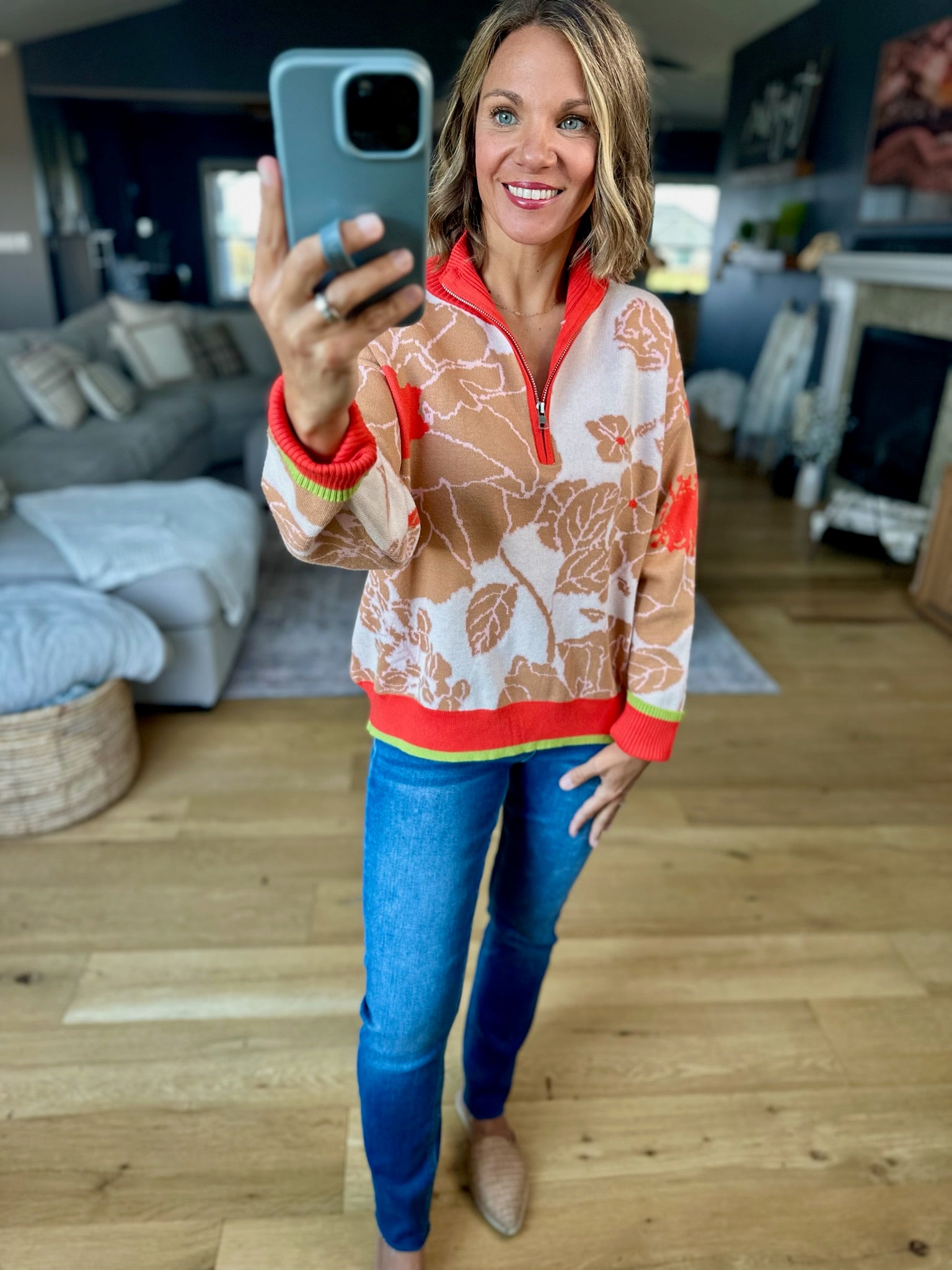 **Nature's Fall Floral Zip Knit-sweater-&Merci-Anna Kaytes Boutique, Women's Fashion Boutique in Grinnell, Iowa