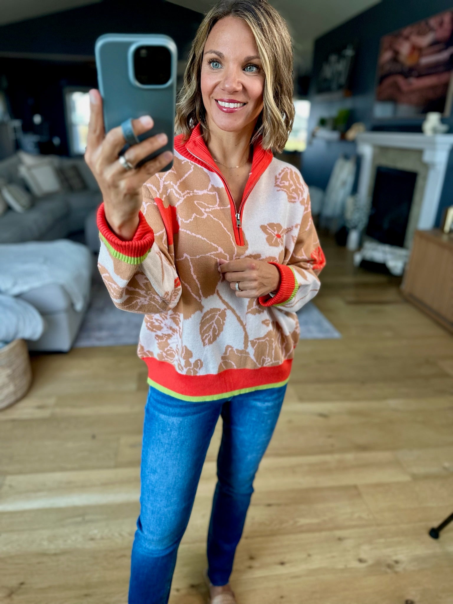 **Nature's Fall Floral Zip Knit-sweater-&Merci-Anna Kaytes Boutique, Women's Fashion Boutique in Grinnell, Iowa