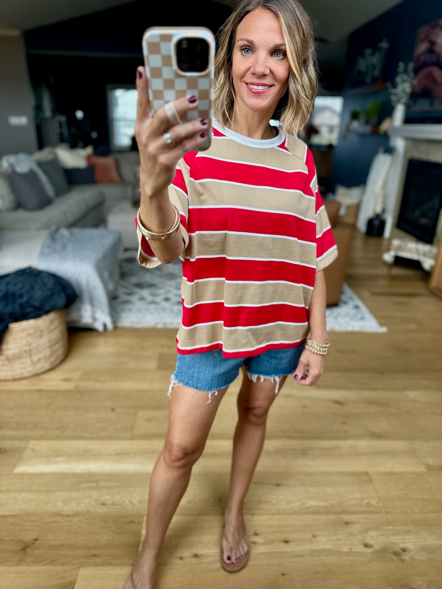 Nothing New Striped Tee - Mocha/Red-Top-Wishlist-Anna Kaytes Boutique, Women's Fashion Boutique in Grinnell, Iowa