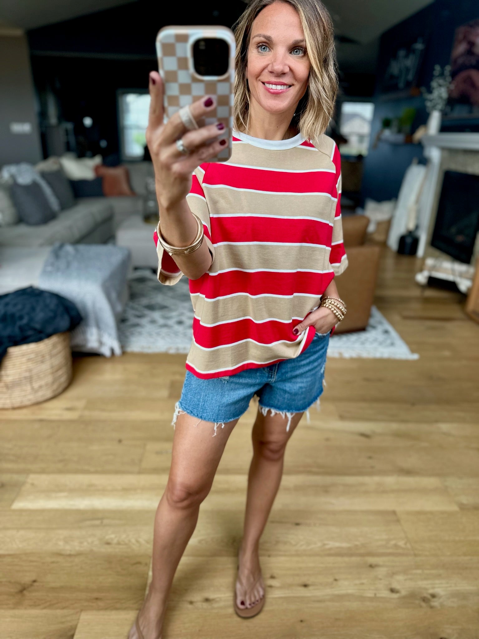 Nothing New Striped Tee - Mocha/Red-Top-Wishlist-Anna Kaytes Boutique, Women's Fashion Boutique in Grinnell, Iowa