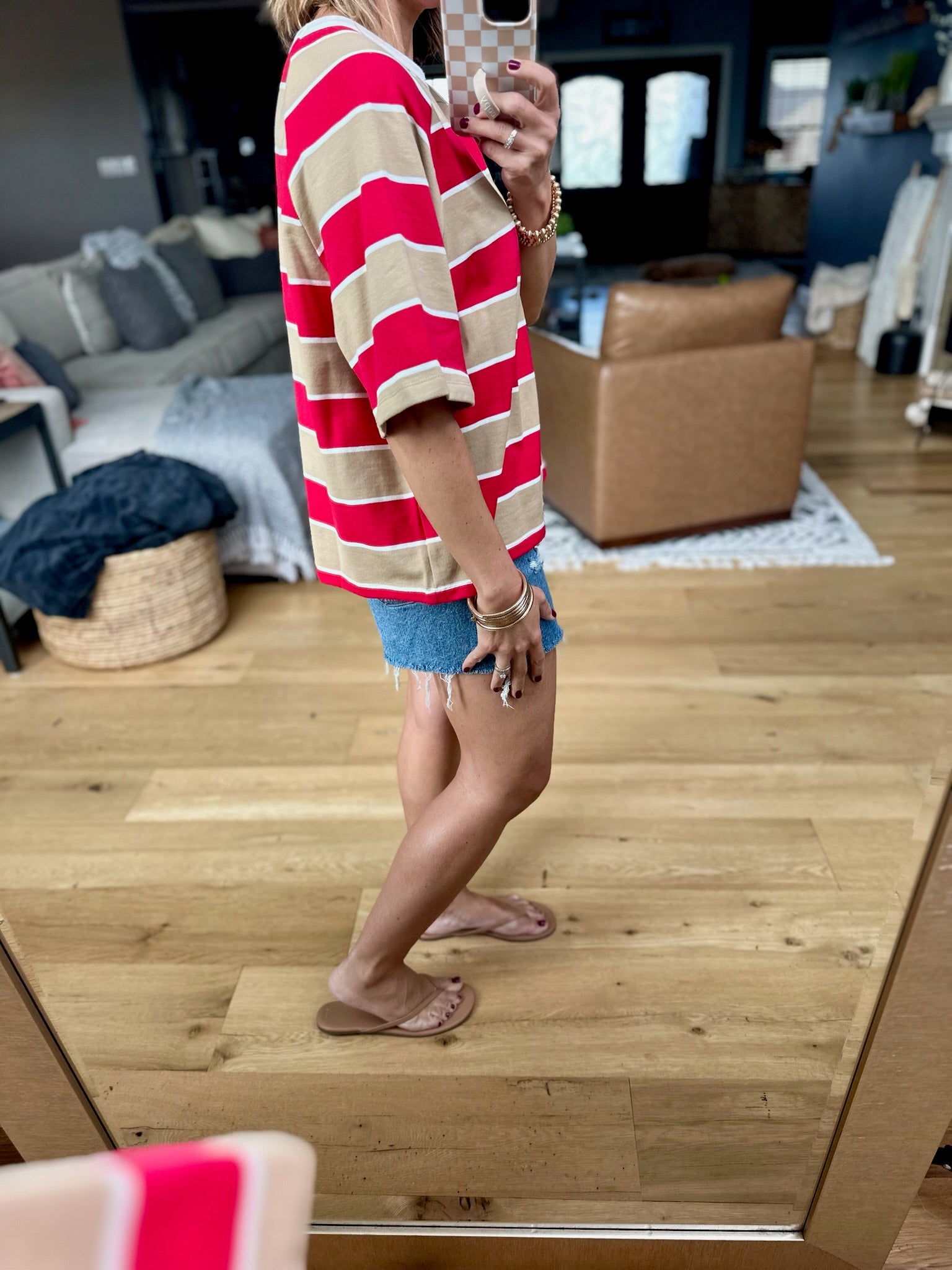 Nothing New Striped Tee - Mocha/Red-Top-Wishlist-Anna Kaytes Boutique, Women's Fashion Boutique in Grinnell, Iowa