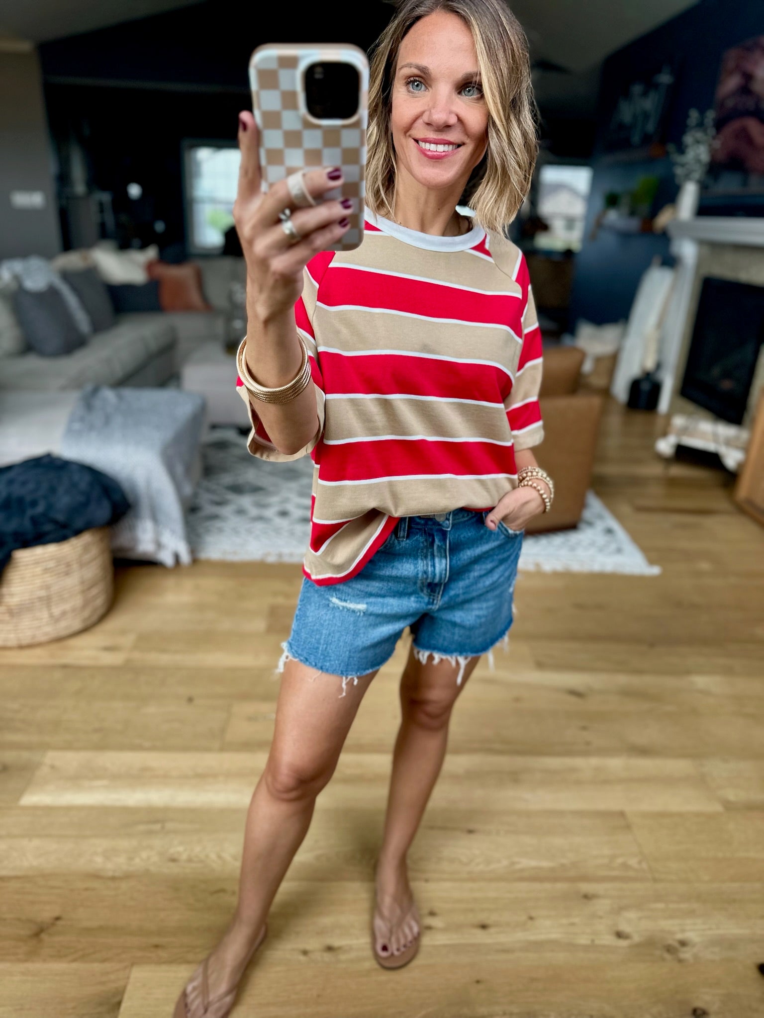 Nothing New Striped Tee - Mocha/Red-Top-Wishlist-Anna Kaytes Boutique, Women's Fashion Boutique in Grinnell, Iowa