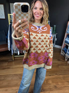 Demonstrated Loyalty Patterned Crew Sweater - Khaki/Mocha-Easel-Anna Kaytes Boutique, Women's Fashion Boutique in Grinnell, Iowa