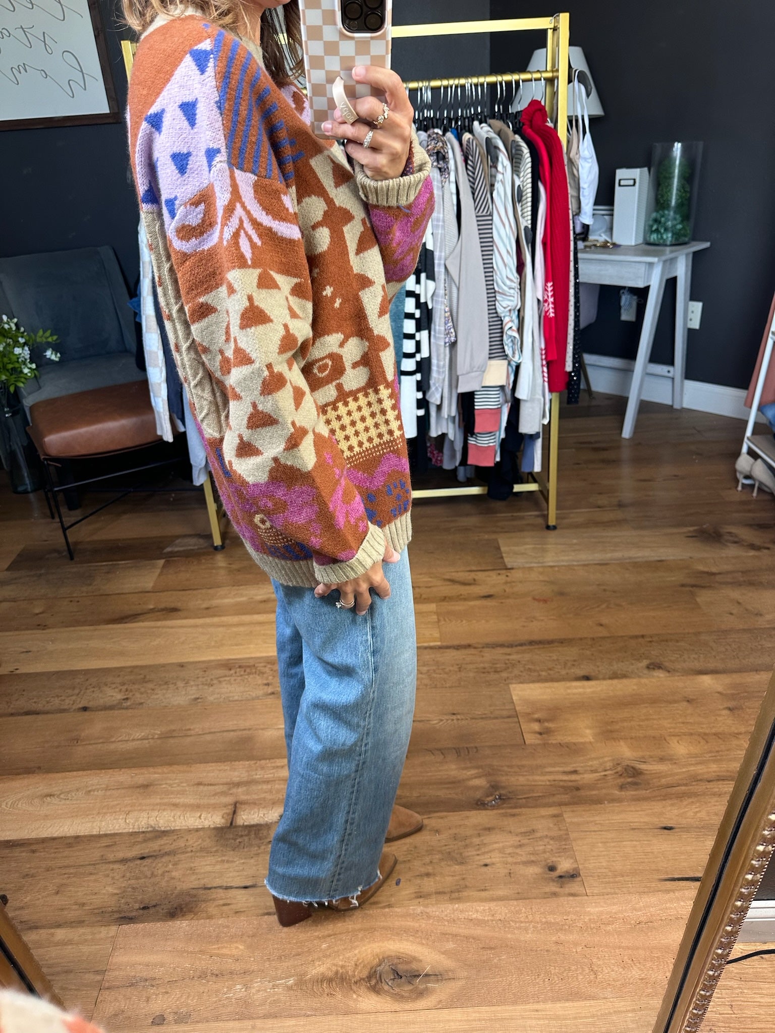 Demonstrated Loyalty Patterned Crew Sweater - Khaki/Mocha-Easel-Anna Kaytes Boutique, Women's Fashion Boutique in Grinnell, Iowa