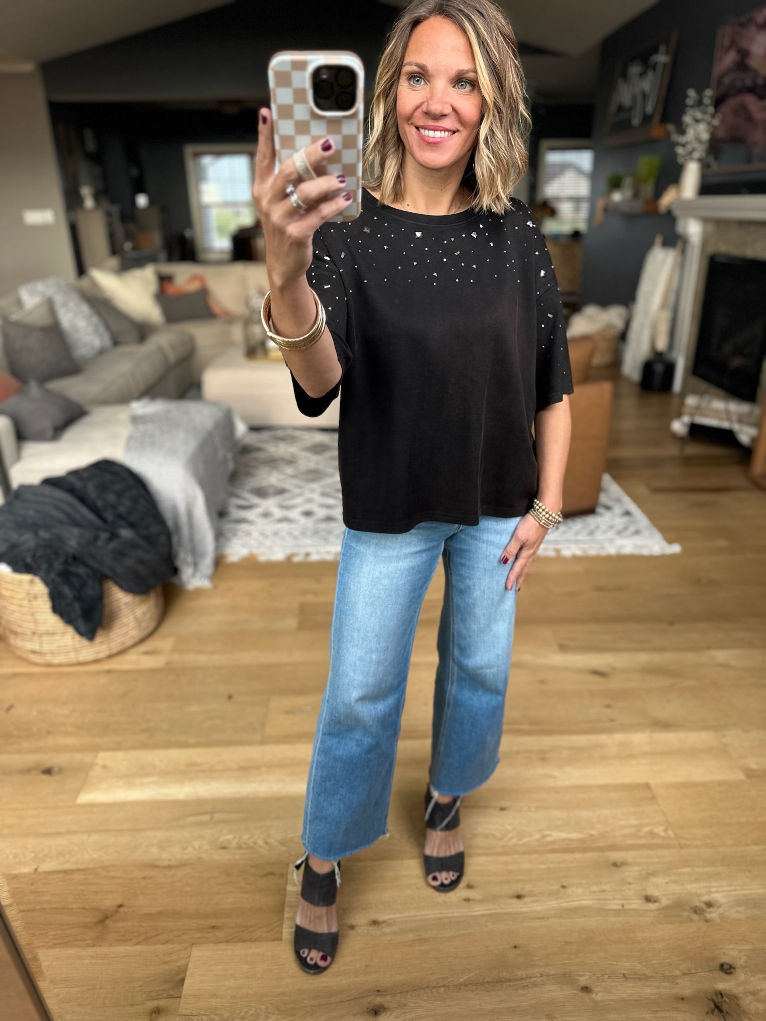 Heart First Jewel-Detail Dolman Top - Black-Top-davi & dani-Anna Kaytes Boutique, Women's Fashion Boutique in Grinnell, Iowa