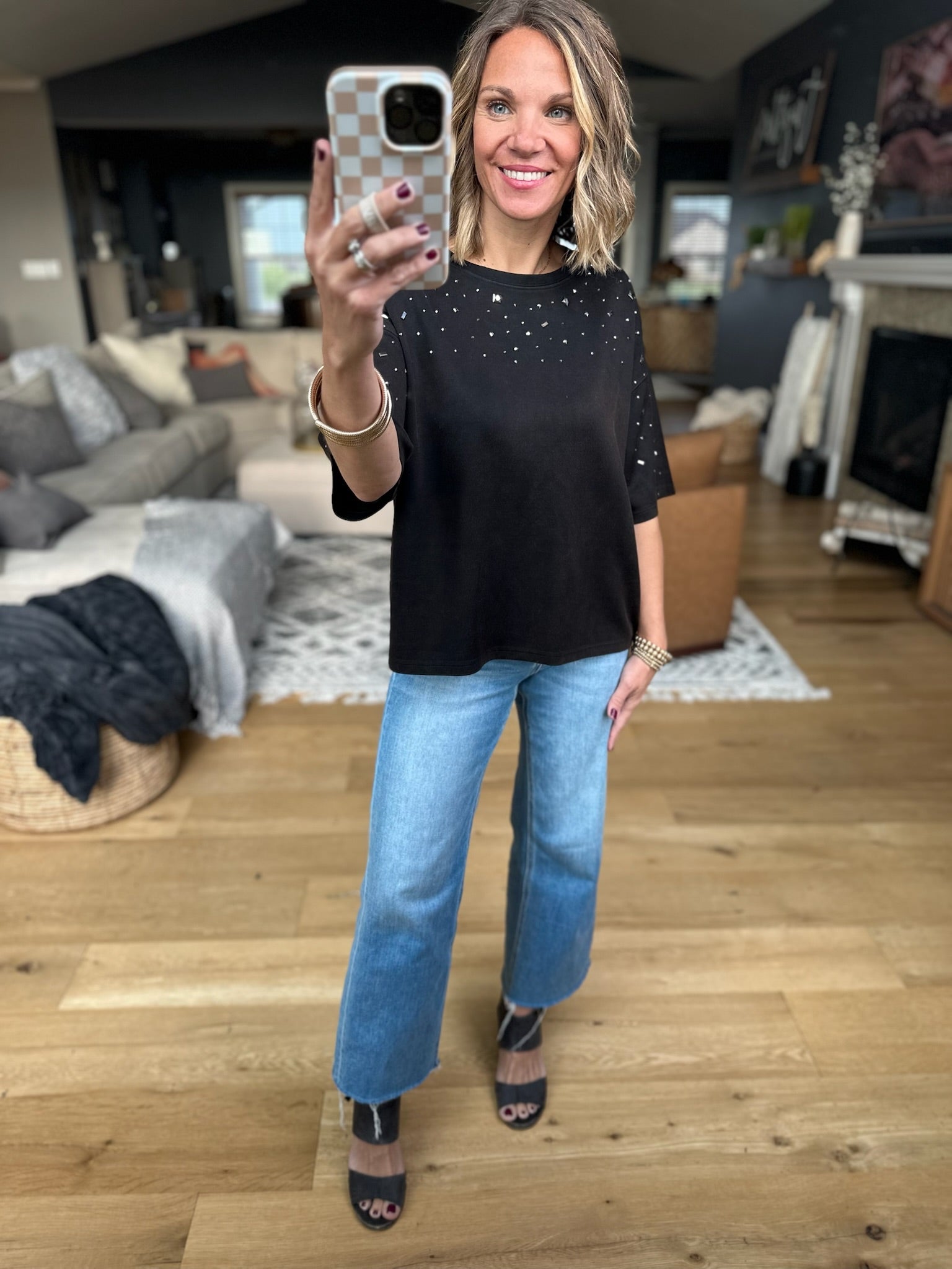 Heart First Jewel-Detail Dolman Top - Black-Top-davi & dani-Anna Kaytes Boutique, Women's Fashion Boutique in Grinnell, Iowa