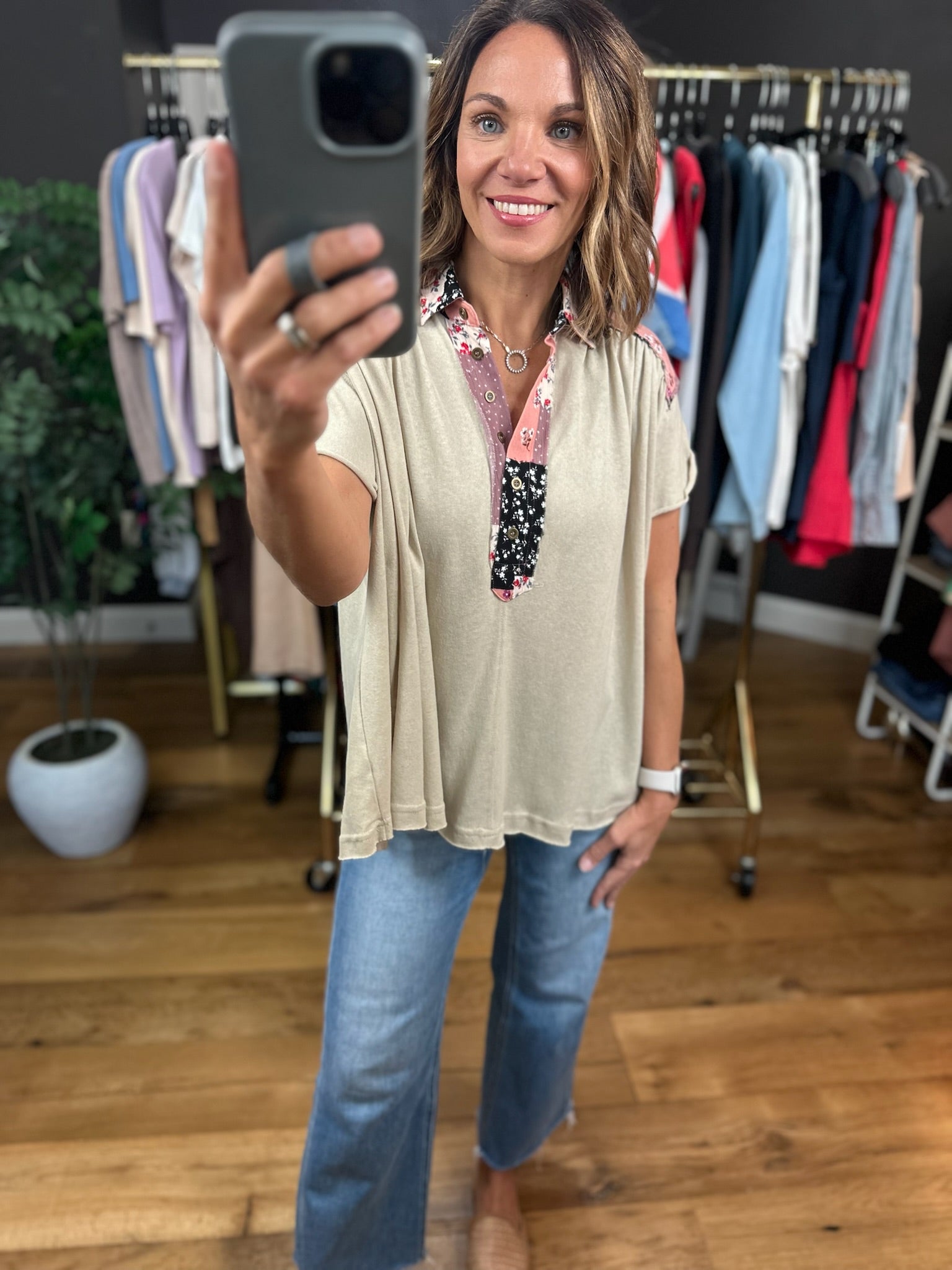 Reaching Out To You Patchwork Flowy Top-Short Sleeves-Easel-Anna Kaytes Boutique, Women's Fashion Boutique in Grinnell, Iowa