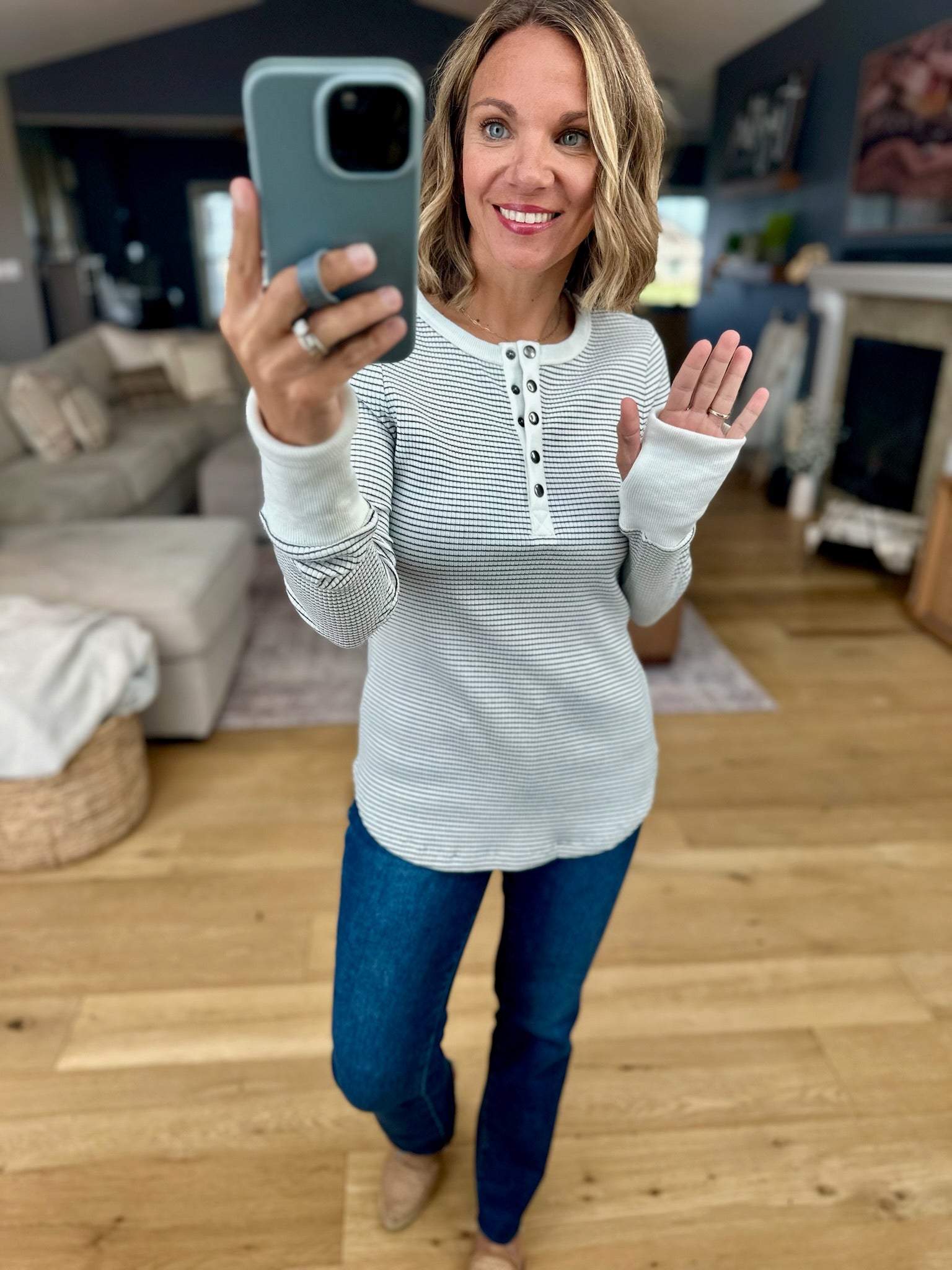 Always About It Ribbed Striped Snap-Detail Longsleeve-Doe & Rae-Anna Kaytes Boutique, Women's Fashion Boutique in Grinnell, Iowa