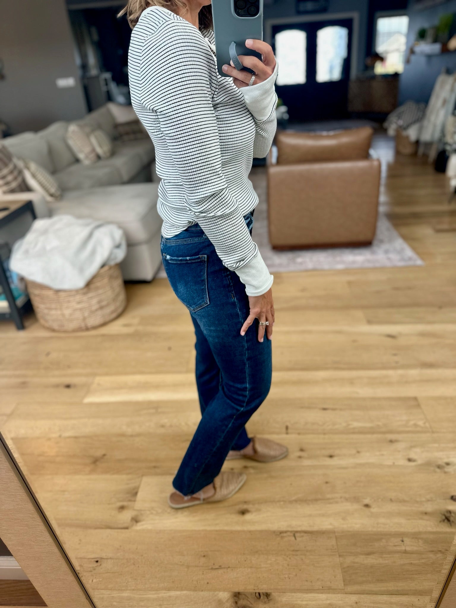 Always About It Ribbed Striped Snap-Detail Longsleeve-Doe & Rae-Anna Kaytes Boutique, Women's Fashion Boutique in Grinnell, Iowa