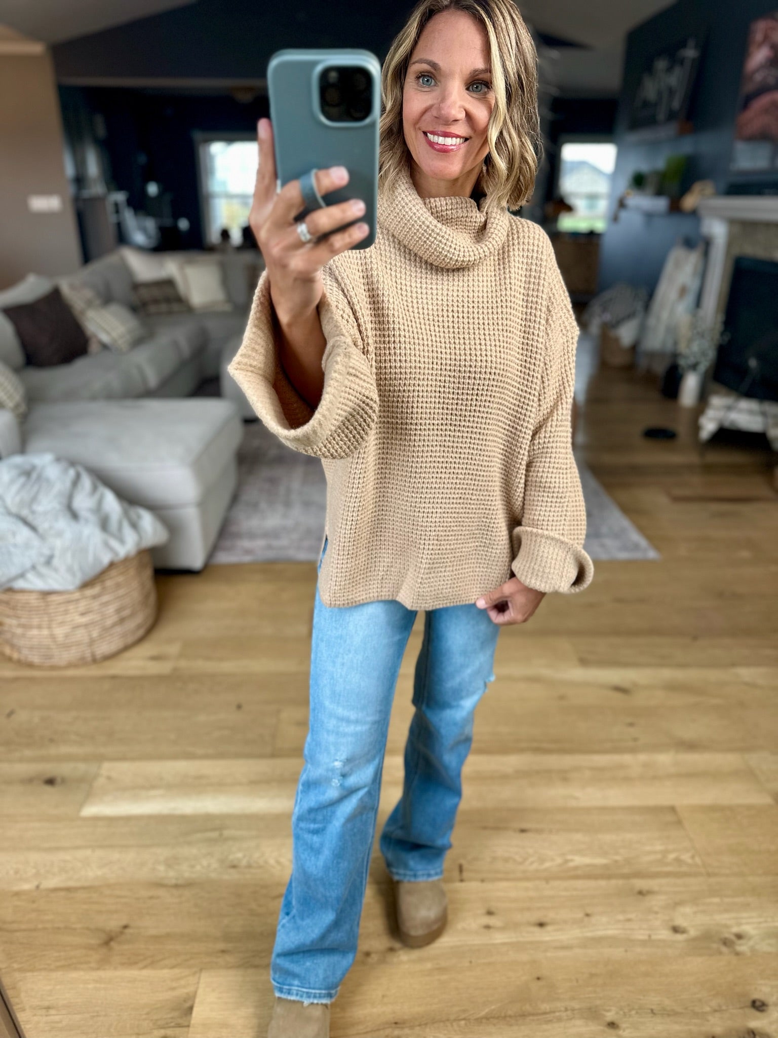First Thing Oversized Turtle Neck Waffle Knit Sweater-Blu Ivy-Anna Kaytes Boutique, Women's Fashion Boutique in Grinnell, Iowa