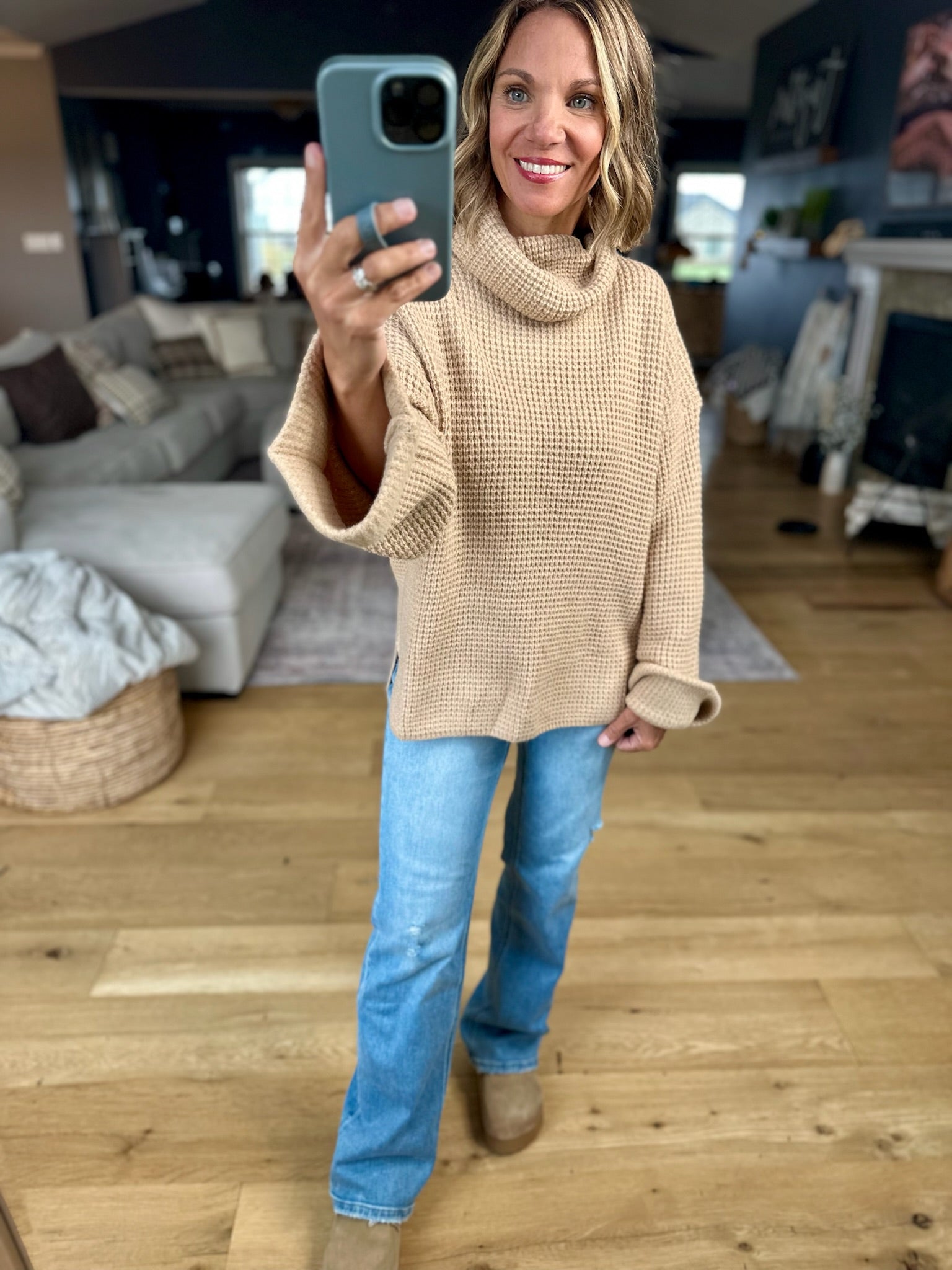First Thing Oversized Turtle Neck Waffle Knit Sweater-Blu Ivy-Anna Kaytes Boutique, Women's Fashion Boutique in Grinnell, Iowa