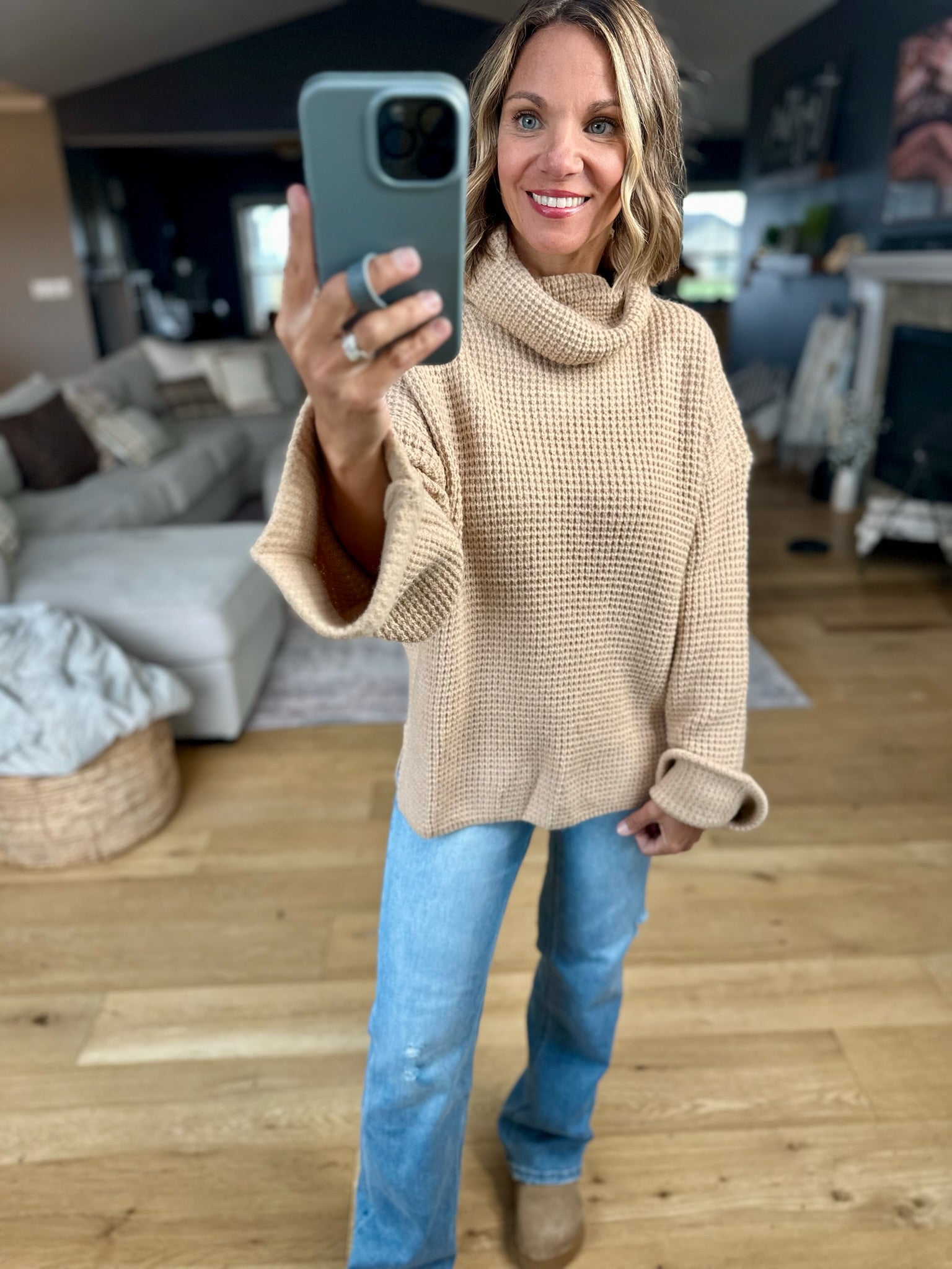 First Thing Oversized Turtle Neck Waffle Knit Sweater-Blu Ivy-Anna Kaytes Boutique, Women's Fashion Boutique in Grinnell, Iowa