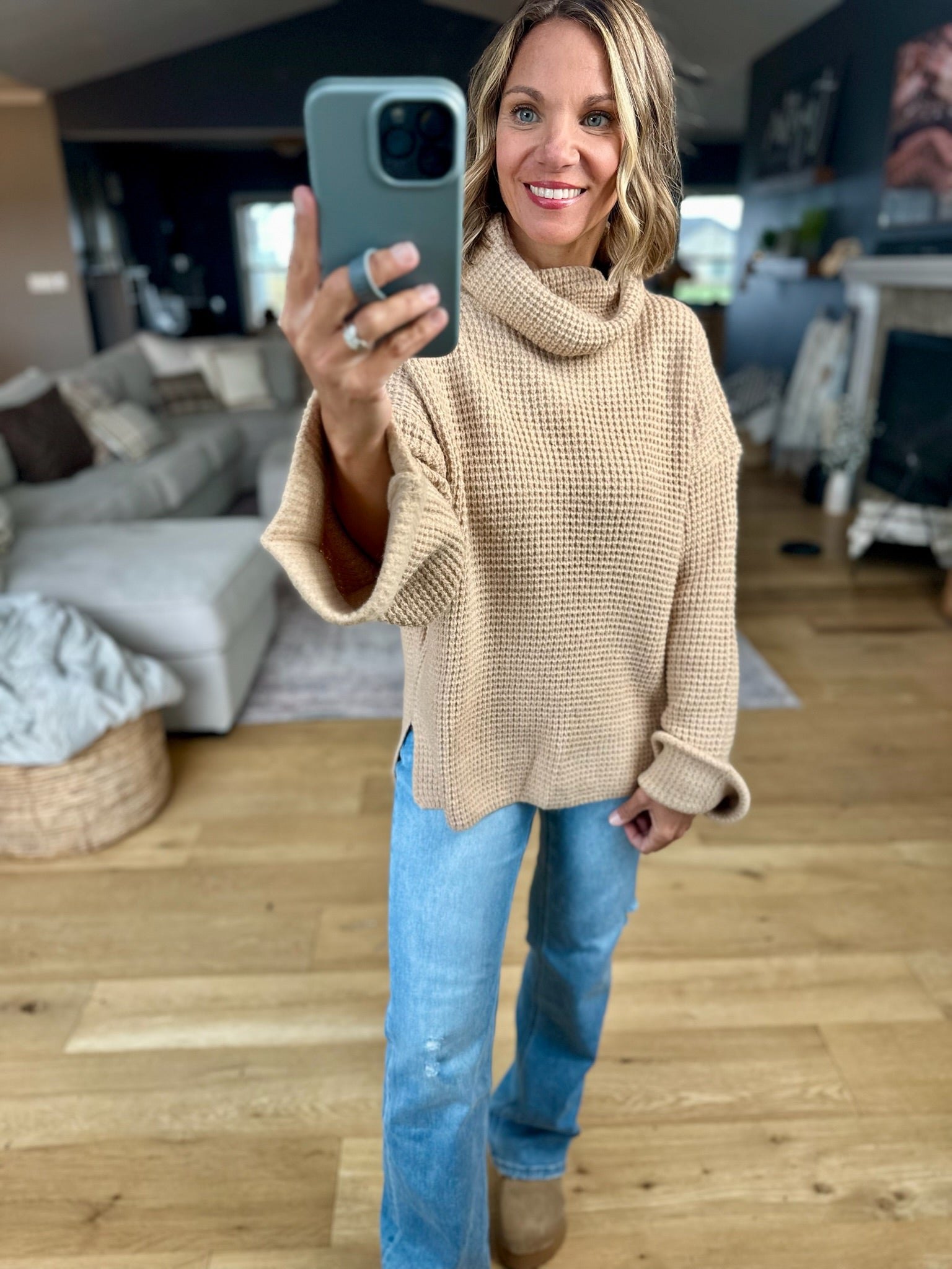 First Thing Oversized Turtle Neck Waffle Knit Sweater-Blu Ivy-Anna Kaytes Boutique, Women's Fashion Boutique in Grinnell, Iowa