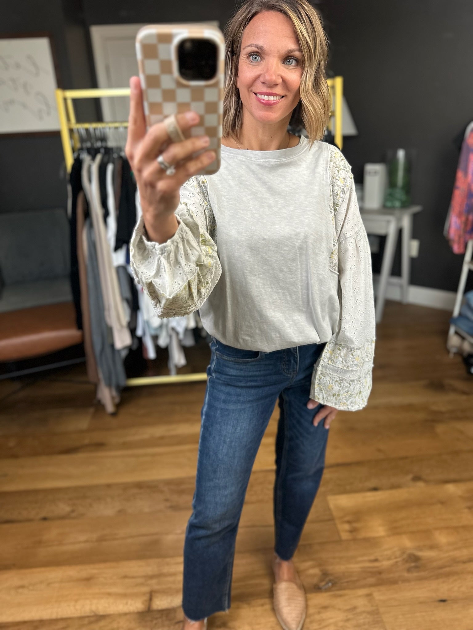 Dreaming Big Eyelet Sleeve Top - Stone Grey-Easel-Anna Kaytes Boutique, Women's Fashion Boutique in Grinnell, Iowa