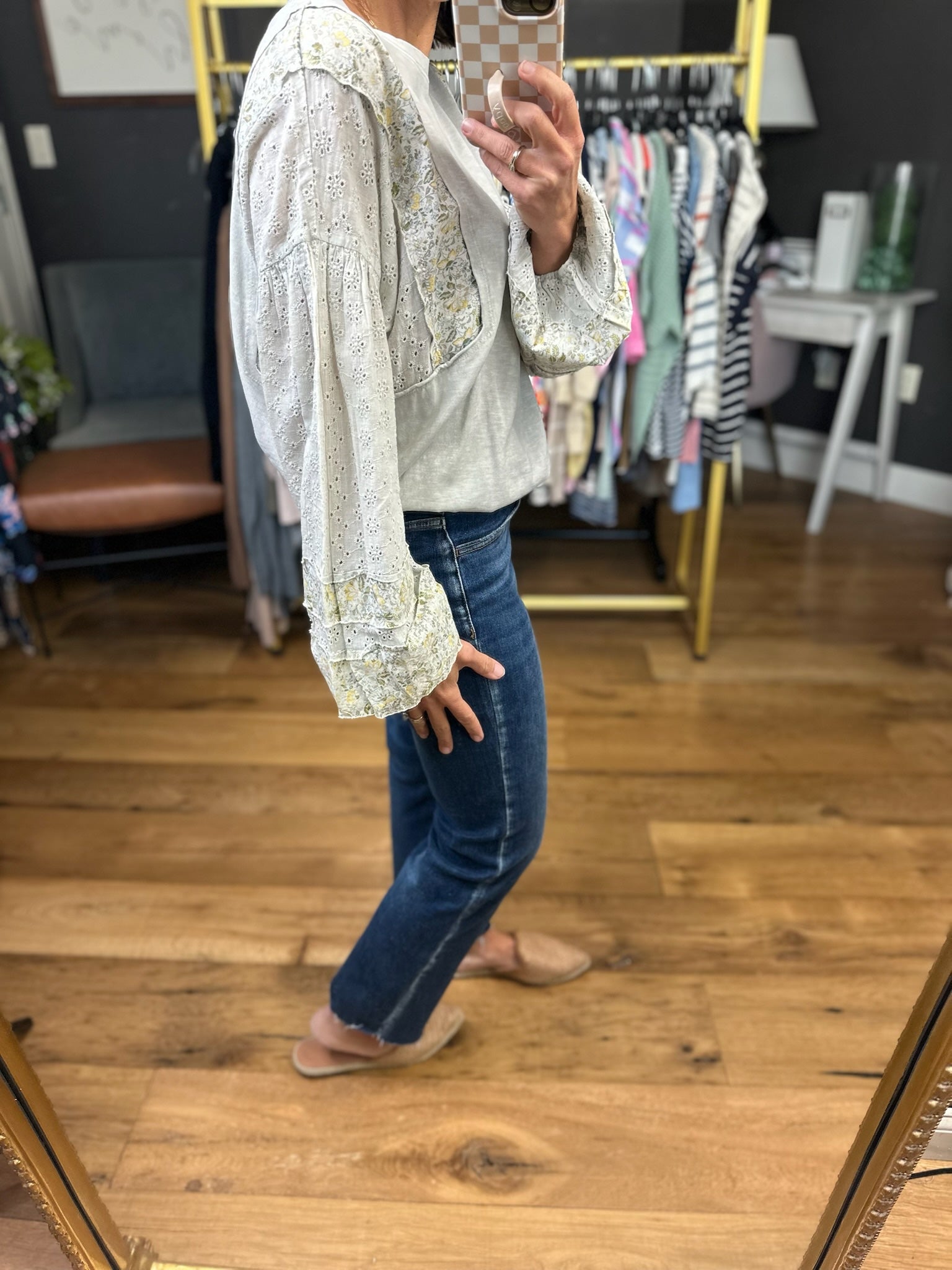 Dreaming Big Eyelet Sleeve Top - Stone Grey-Easel-Anna Kaytes Boutique, Women's Fashion Boutique in Grinnell, Iowa