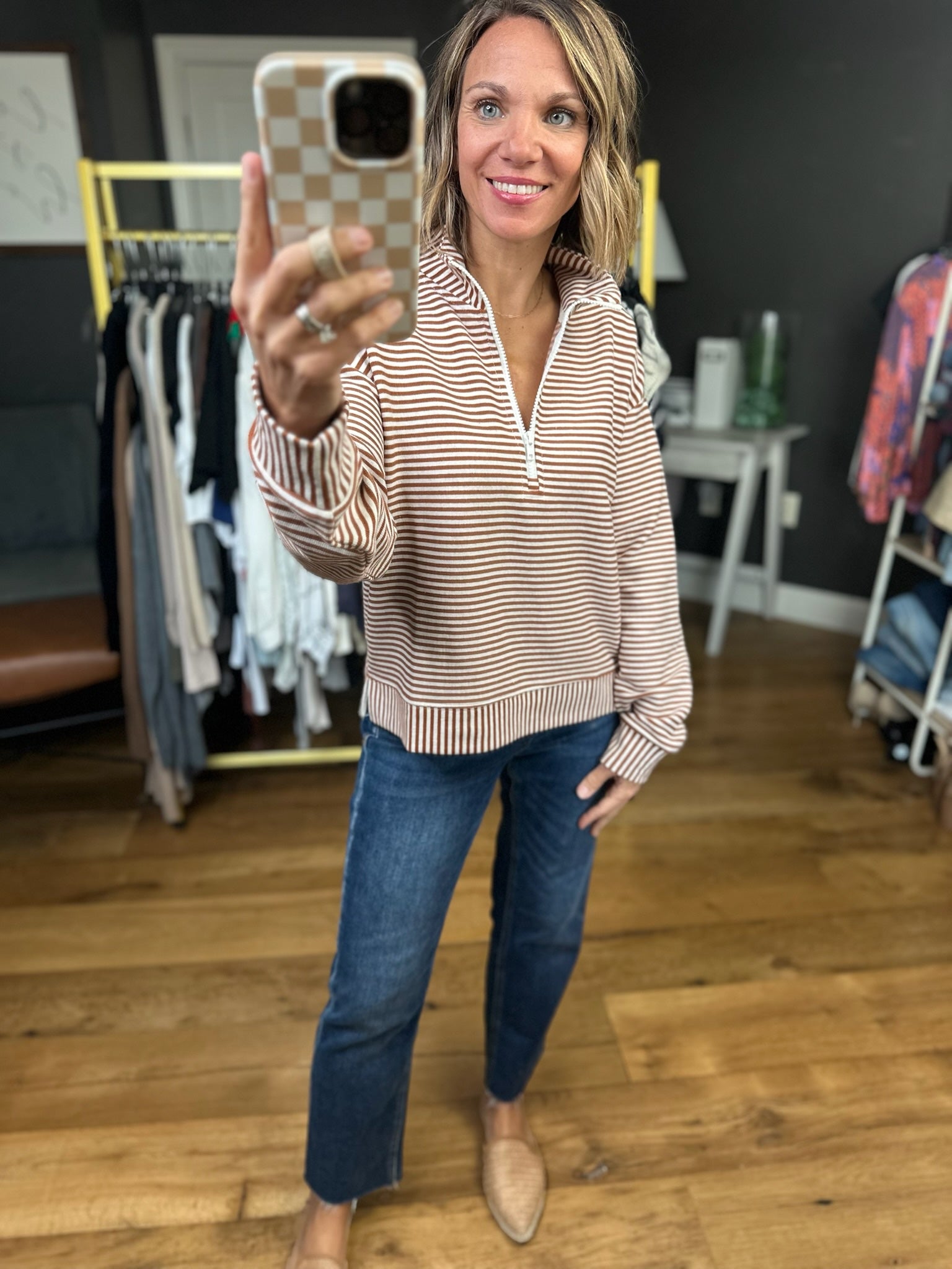 Loving Charm Zip-Detail Pullover - Rust/Cream-Wishlist-Anna Kaytes Boutique, Women's Fashion Boutique in Grinnell, Iowa