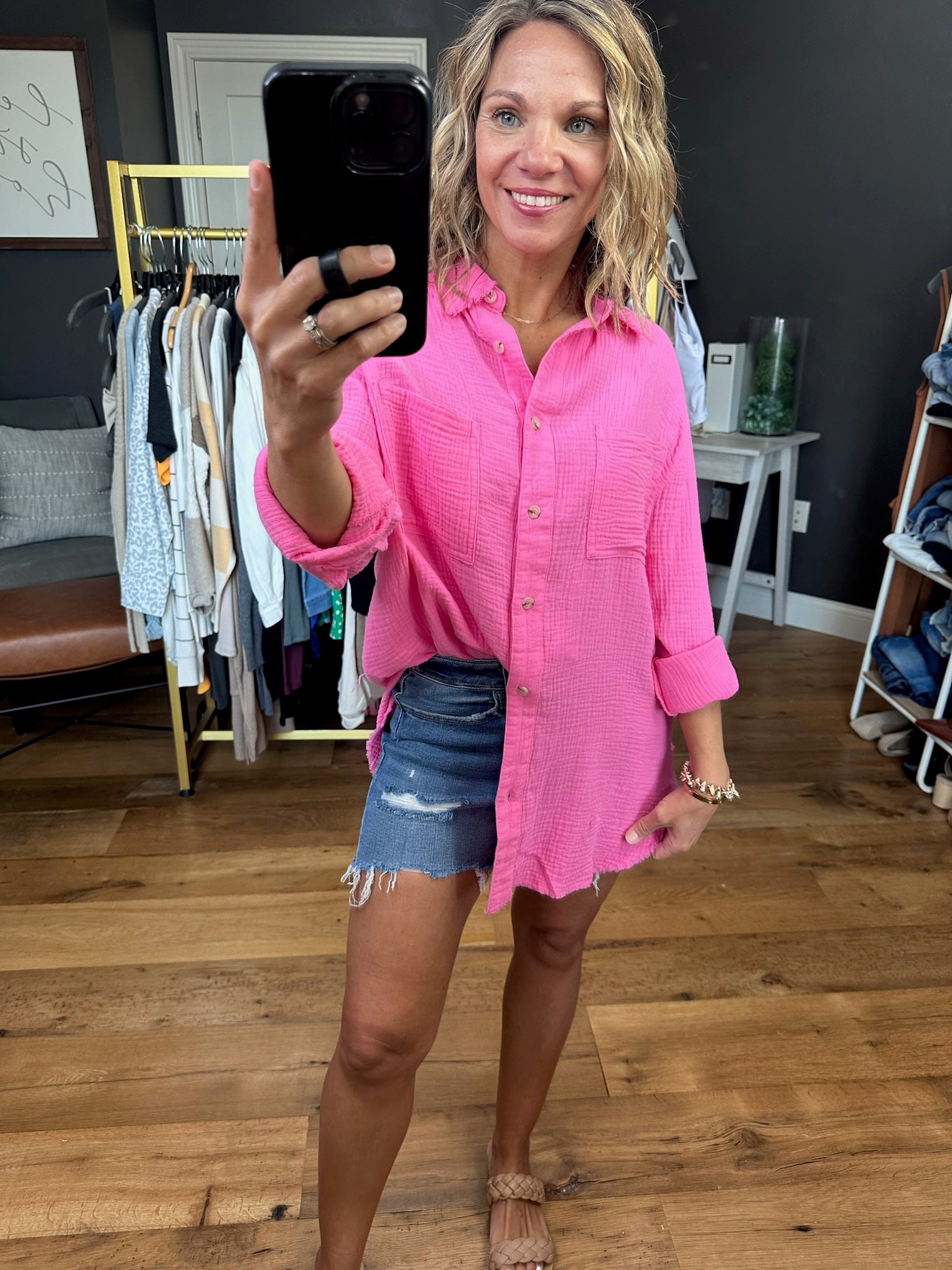 Belong Together Boyfriend Button-Down Top - Candy-Short Sleeves-La Miel-Anna Kaytes Boutique, Women's Fashion Boutique in Grinnell, Iowa