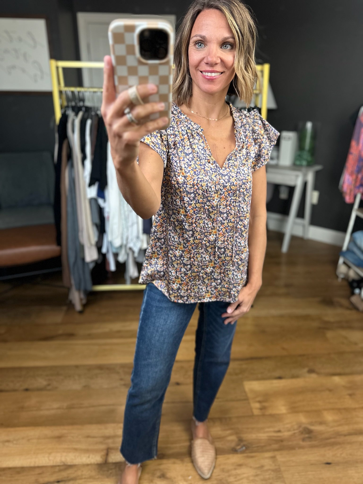 What Matters Floral Flutter Sleeve Top - Indigo-Skies Are Blue-Anna Kaytes Boutique, Women's Fashion Boutique in Grinnell, Iowa