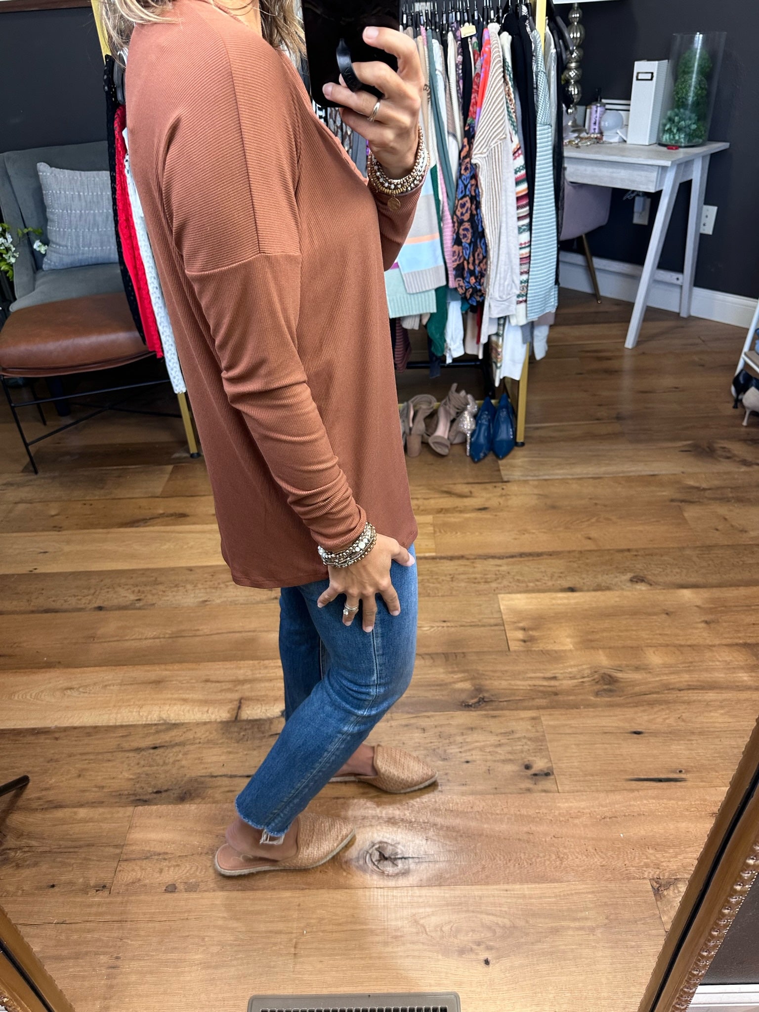 Taking Over Button Detail Flowy Longsleeve Top - Toffee