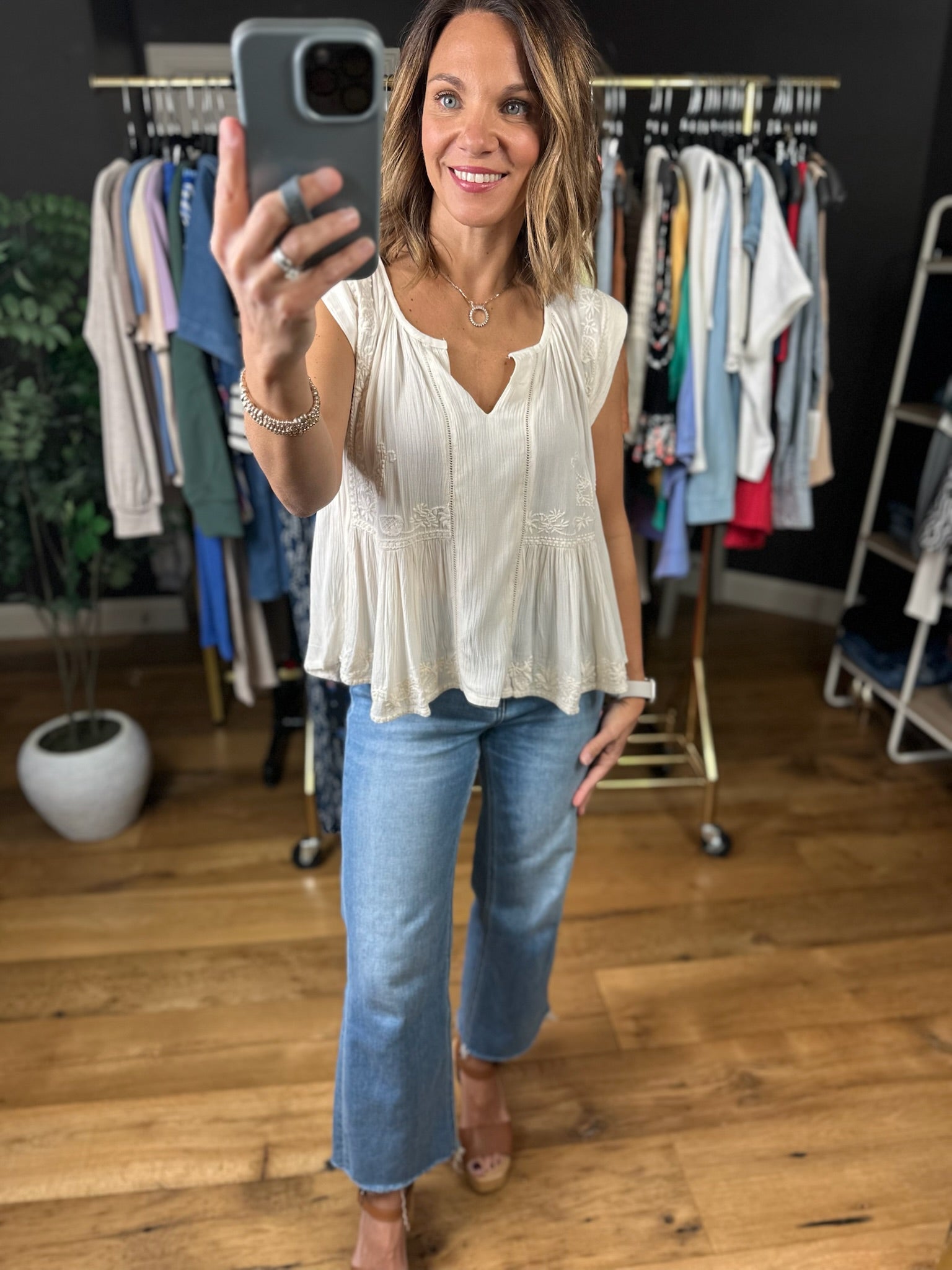 Favorite View Detailed Babydoll Top-Short Sleeves-POL-Anna Kaytes Boutique, Women's Fashion Boutique in Grinnell, Iowa