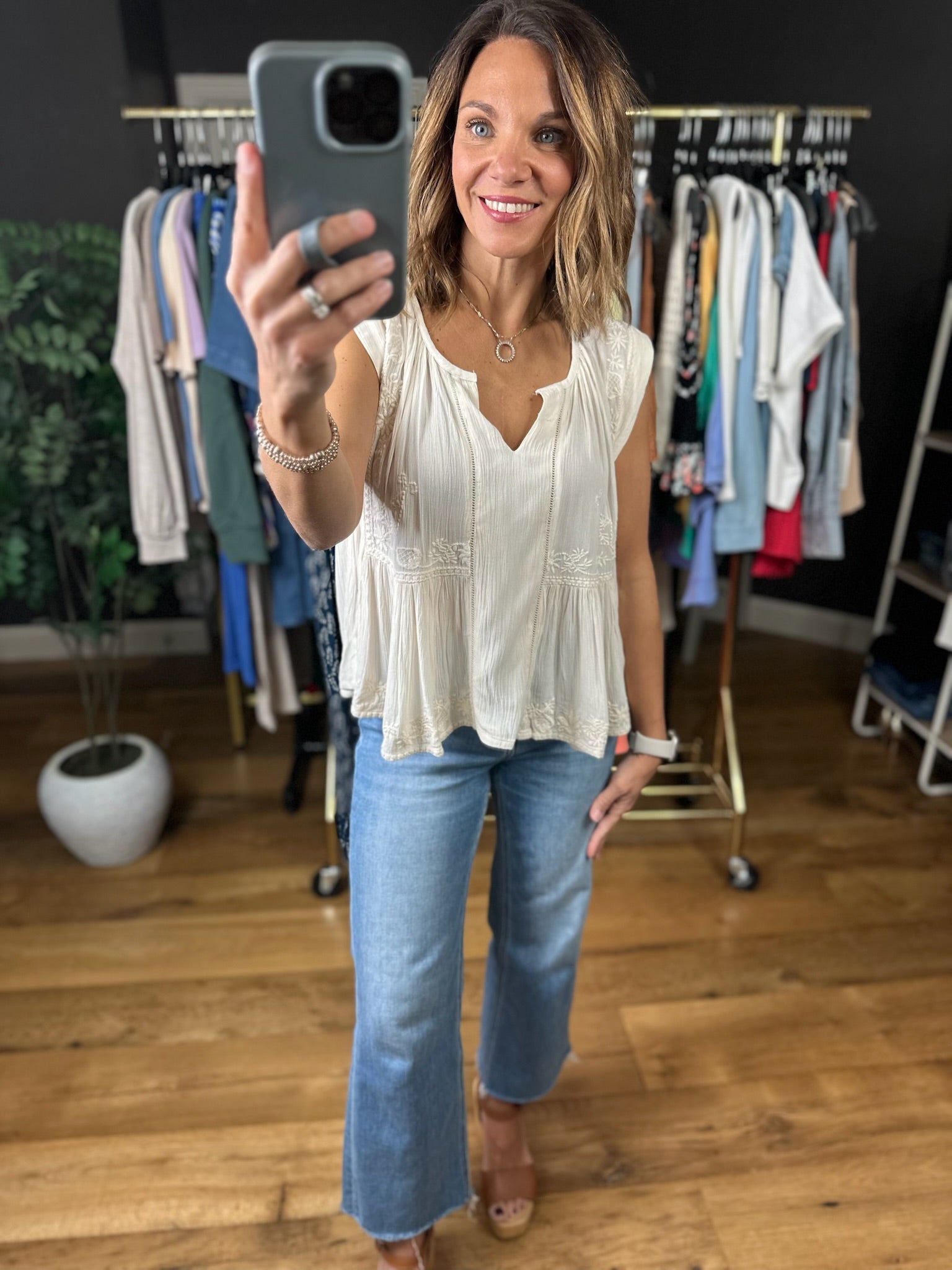 Favorite View Detailed Babydoll Top-Short Sleeves-POL-Anna Kaytes Boutique, Women's Fashion Boutique in Grinnell, Iowa