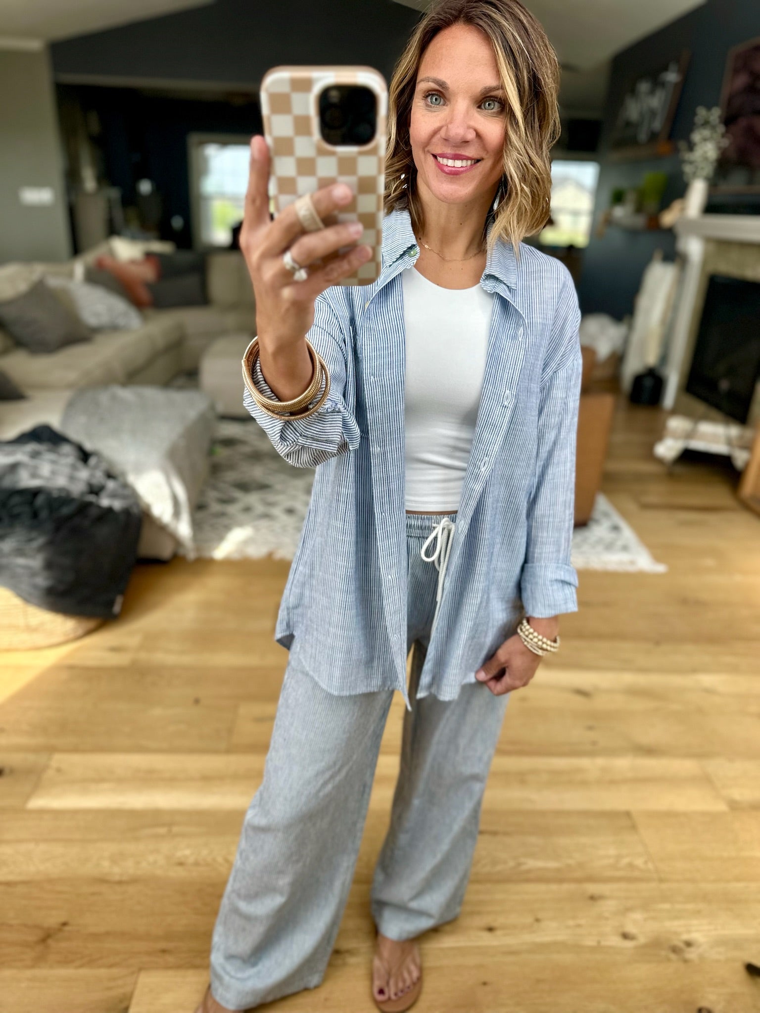 For My Comfort Linen-Blend Pocket Button-Down Top - Denim-Be cool-Anna Kaytes Boutique, Women's Fashion Boutique in Grinnell, Iowa