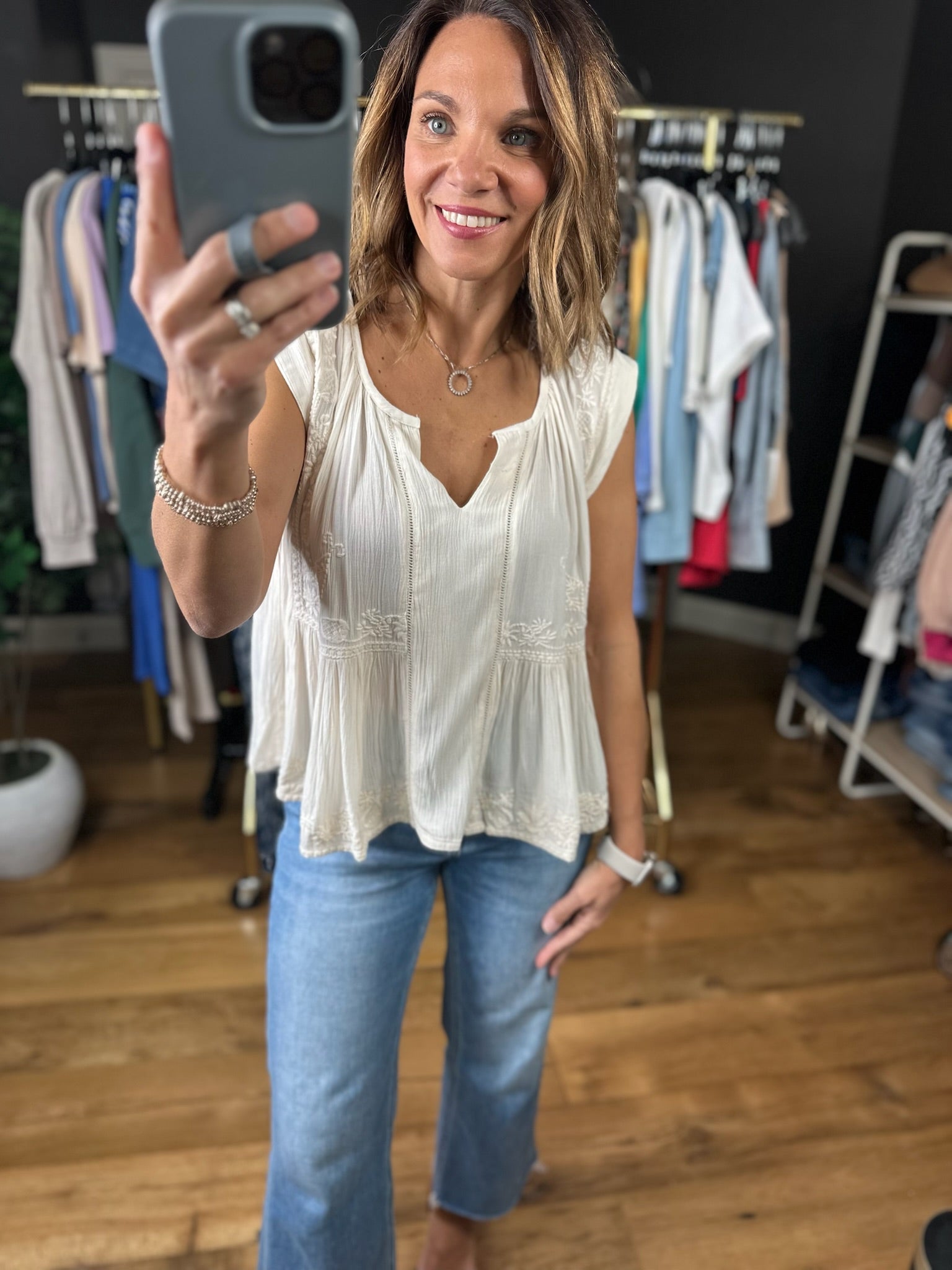 Favorite View Detailed Babydoll Top-Short Sleeves-POL-Anna Kaytes Boutique, Women's Fashion Boutique in Grinnell, Iowa