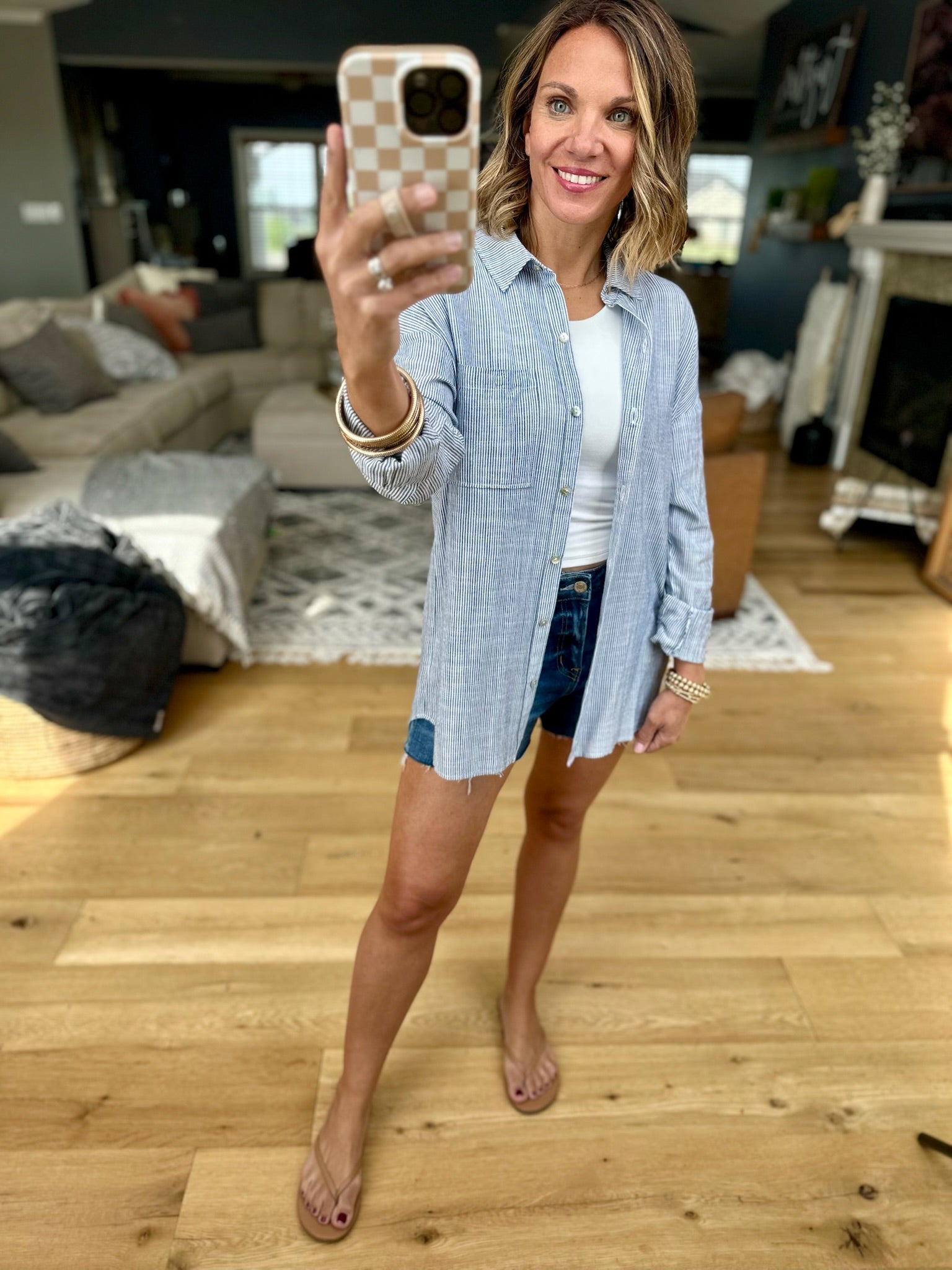 For My Comfort Linen-Blend Pocket Button-Down Top - Denim-Be cool-Anna Kaytes Boutique, Women's Fashion Boutique in Grinnell, Iowa