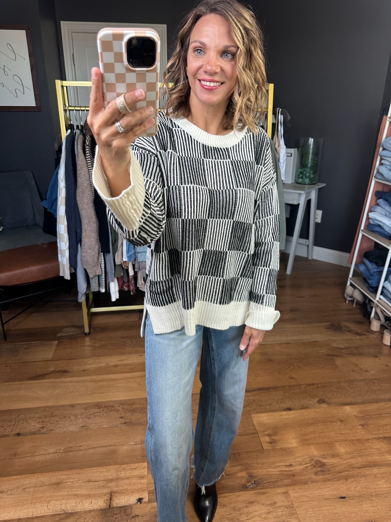 Chasing Dreams Checkered Sweater - Black/Milk-Aemi & Co-Anna Kaytes Boutique, Women's Fashion Boutique in Grinnell, Iowa