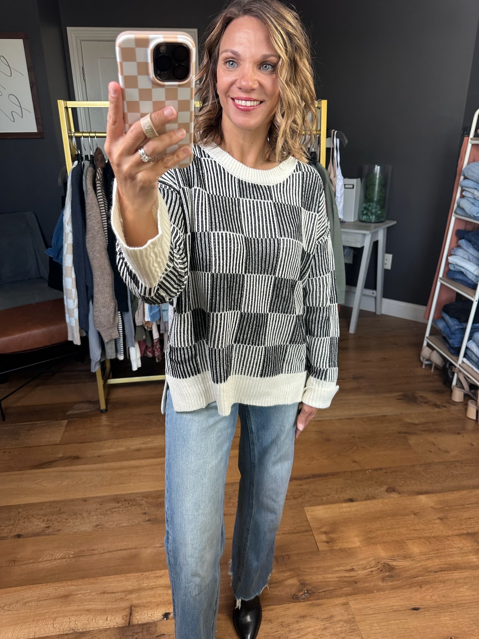 Chasing Dreams Checkered Sweater - Black/Milk-Aemi & Co-Anna Kaytes Boutique, Women's Fashion Boutique in Grinnell, Iowa