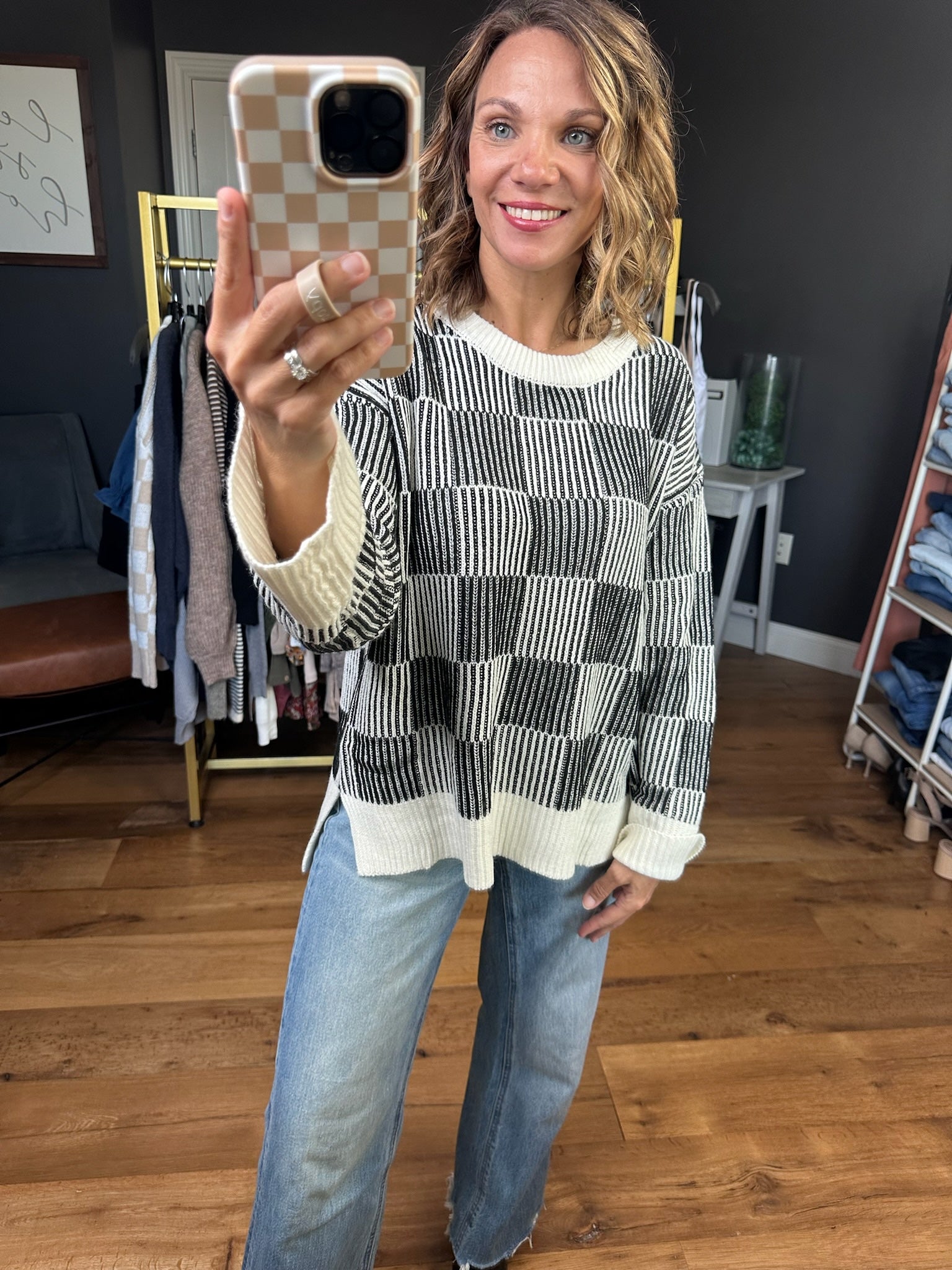 Chasing Dreams Checkered Sweater - Black/Milk-Aemi & Co-Anna Kaytes Boutique, Women's Fashion Boutique in Grinnell, Iowa