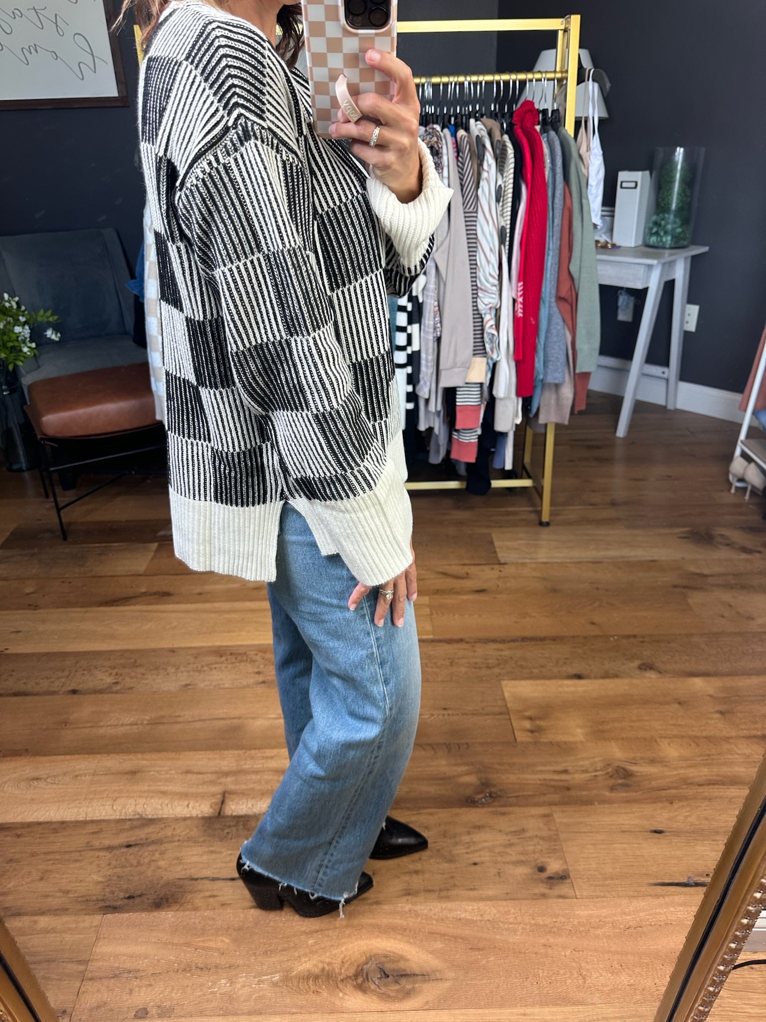 Chasing Dreams Checkered Sweater - Black/Milk-Aemi & Co-Anna Kaytes Boutique, Women's Fashion Boutique in Grinnell, Iowa