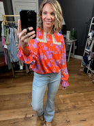 Spring Air Floral Crochet Top - Coral-Long Sleeves-Jodifl 21471-1-Anna Kaytes Boutique, Women's Fashion Boutique in Grinnell, Iowa