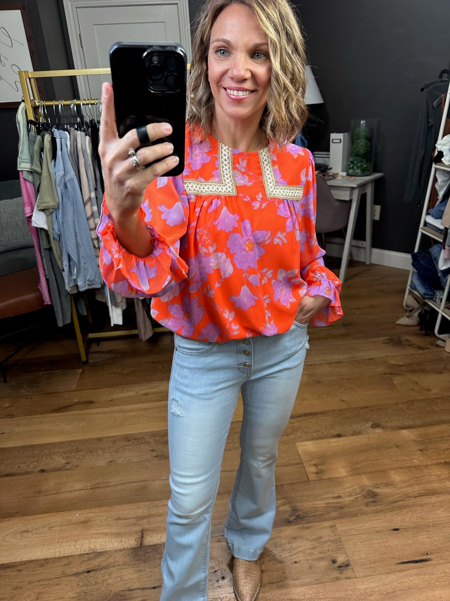 Spring Air Floral Crochet Top - Coral-Long Sleeves-Jodifl 21471-1-Anna Kaytes Boutique, Women's Fashion Boutique in Grinnell, Iowa