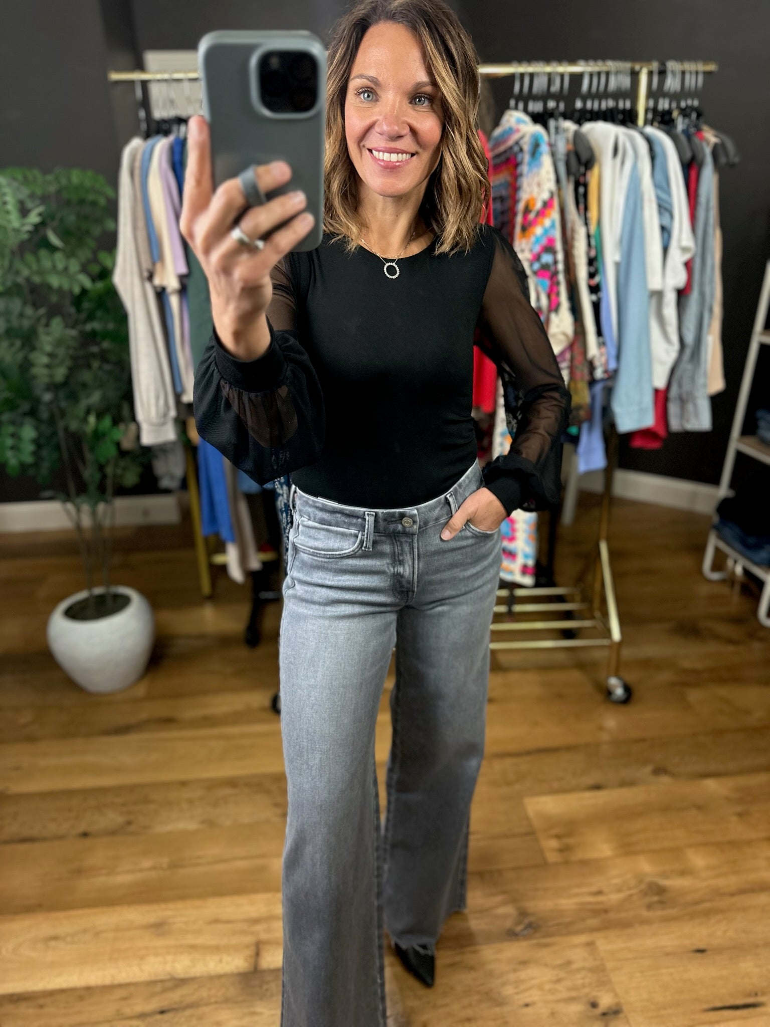 Looking Back Sheer-Sleeve Bodysuit-Long Sleeves-Wasabi & Mint-Anna Kaytes Boutique, Women's Fashion Boutique in Grinnell, Iowa